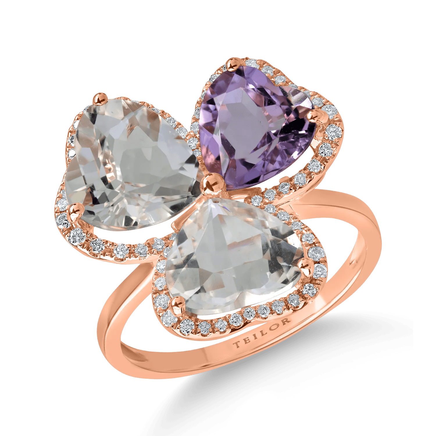 Inel din aur roz cu ametiste heart de 6.2ct și diamante de 0.2ct Inel din aur roz cu ametiste heart de 6.2ct și diamante de 0.2ct