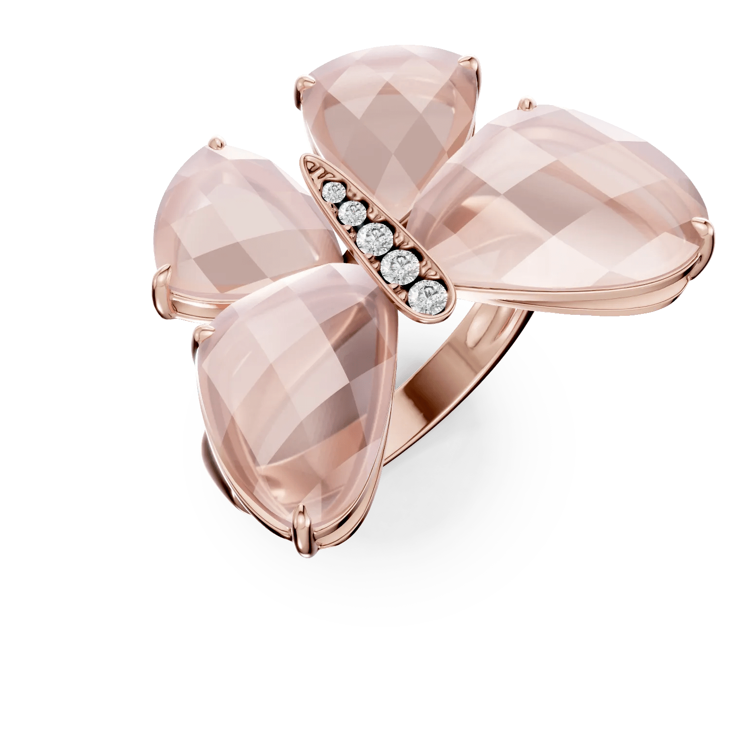 Inel din aur roz cu fluture, quartz trandafiriu 13.4ct și diamante 0.07ct Inel din aur roz cu fluture, quartz trandafiriu 13.4ct și diamante 0.07ct