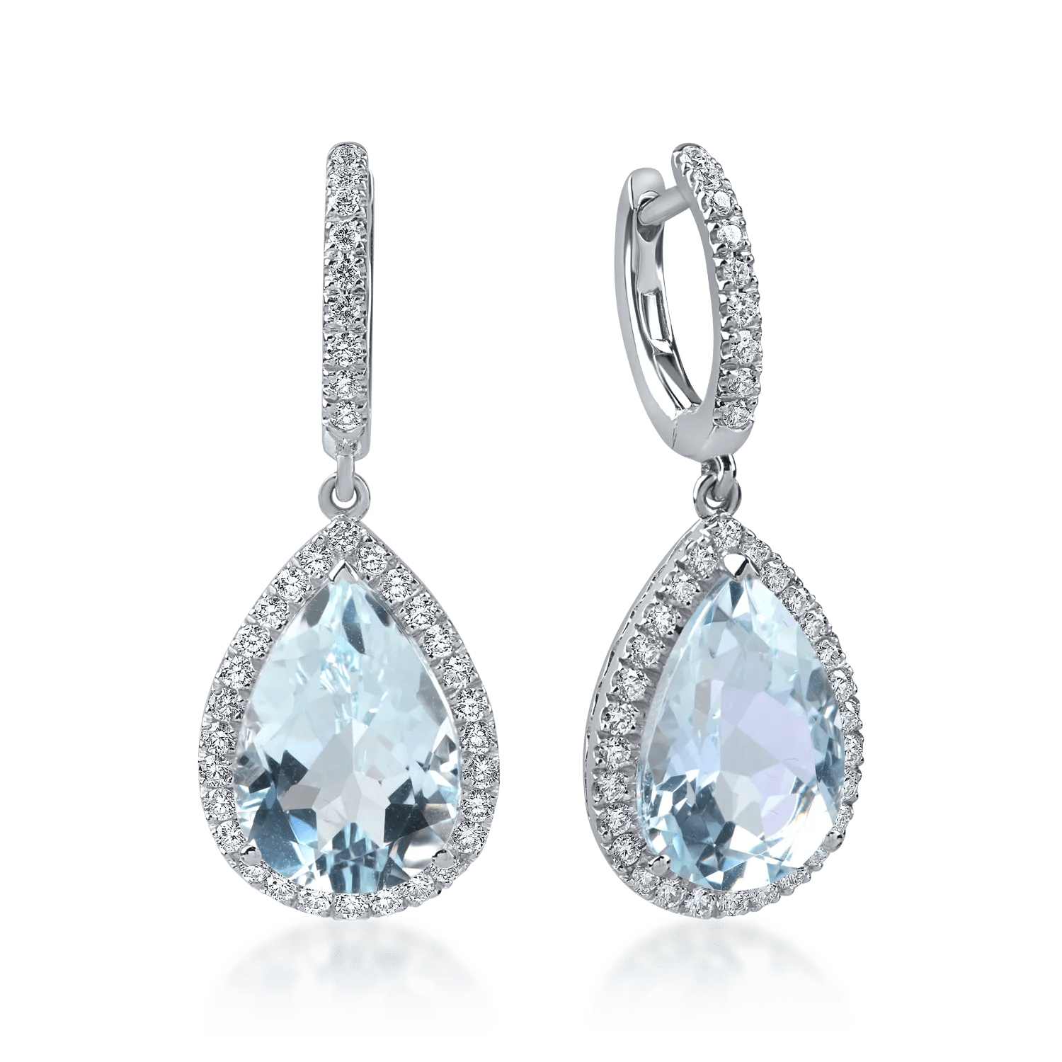 Cercei lacrimă din aur alb cu acvamarine octogonale de 6.7ct și diamante de 0.6ct Cercei lacrimă din aur alb cu acvamarine octogonale de 6.7ct și diamante de 0.6ct
