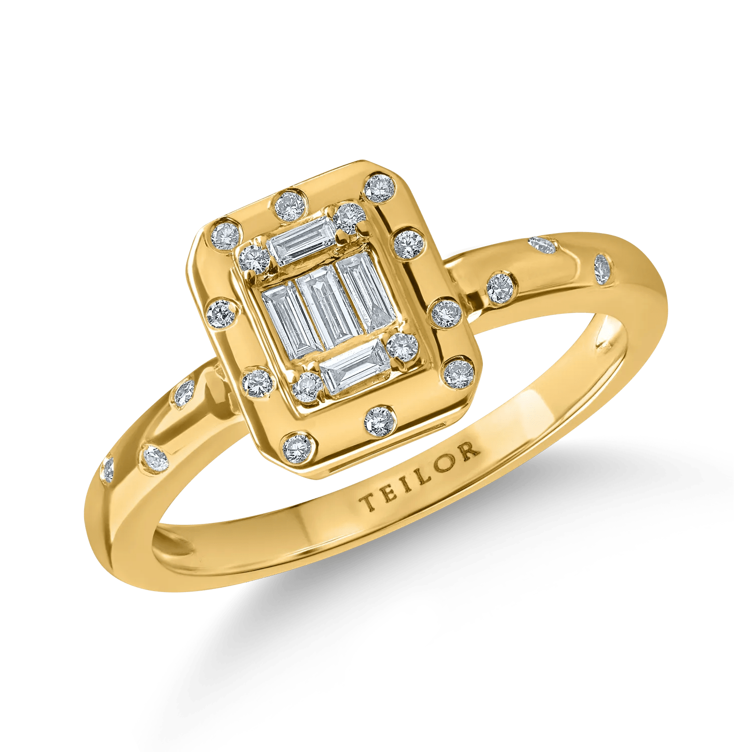 Inel aur galben cu diamante baguette și rotunde 0.2ct Inel aur galben cu diamante baguette și rotunde 0.2ct