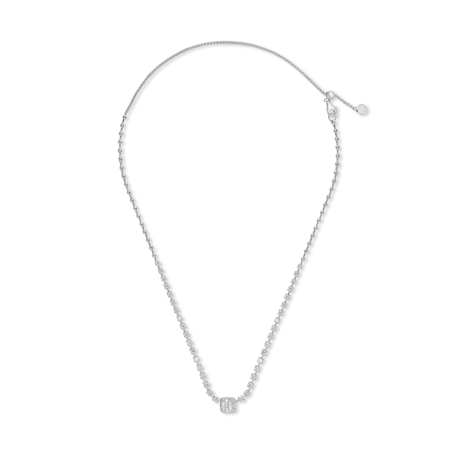 Colier tennis din aur alb cu pandantiv de 1.6ct cu diamante baguette și rotunde Colier tennis din aur alb cu pandantiv de 1.6ct cu diamante baguette și rotunde