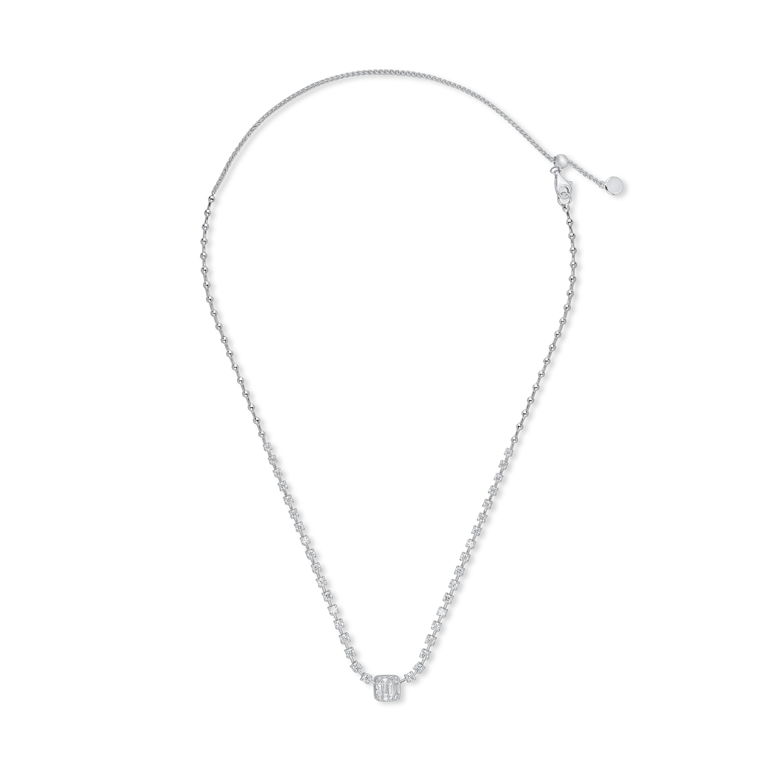 Colier tennis din aur alb cu pandantiv cu diamante baguette și rotunde de 1.6ct – Teilor Colier tennis din aur alb cu pandantiv cu diamante baguette și rotunde de 1.6ct – Teilor