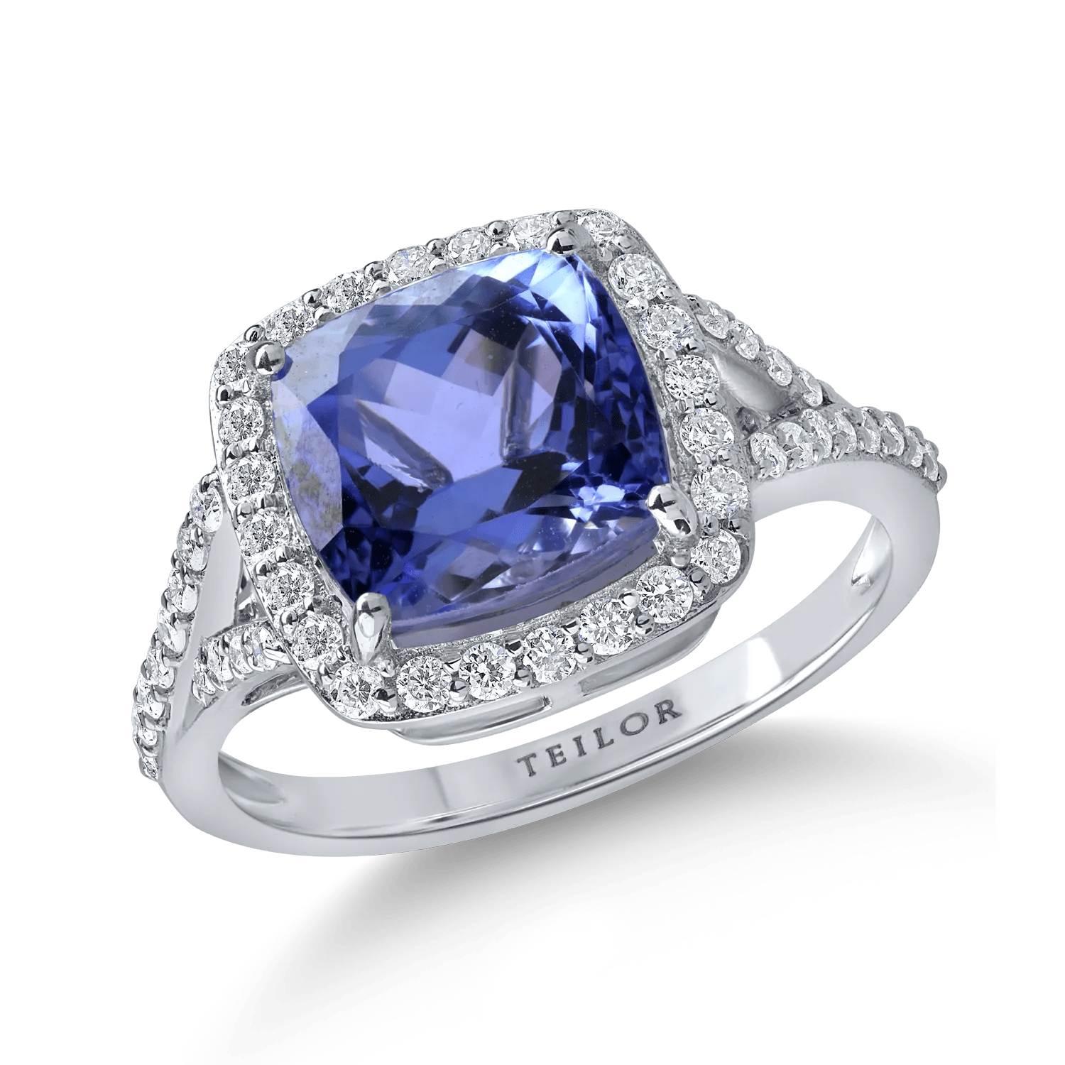 Inel pătrat din aur alb cu tanzanit radiant de 3.9ct și diamante de 0.4ct Inel pătrat din aur alb cu tanzanit radiant de 3.9ct și diamante de 0.4ct