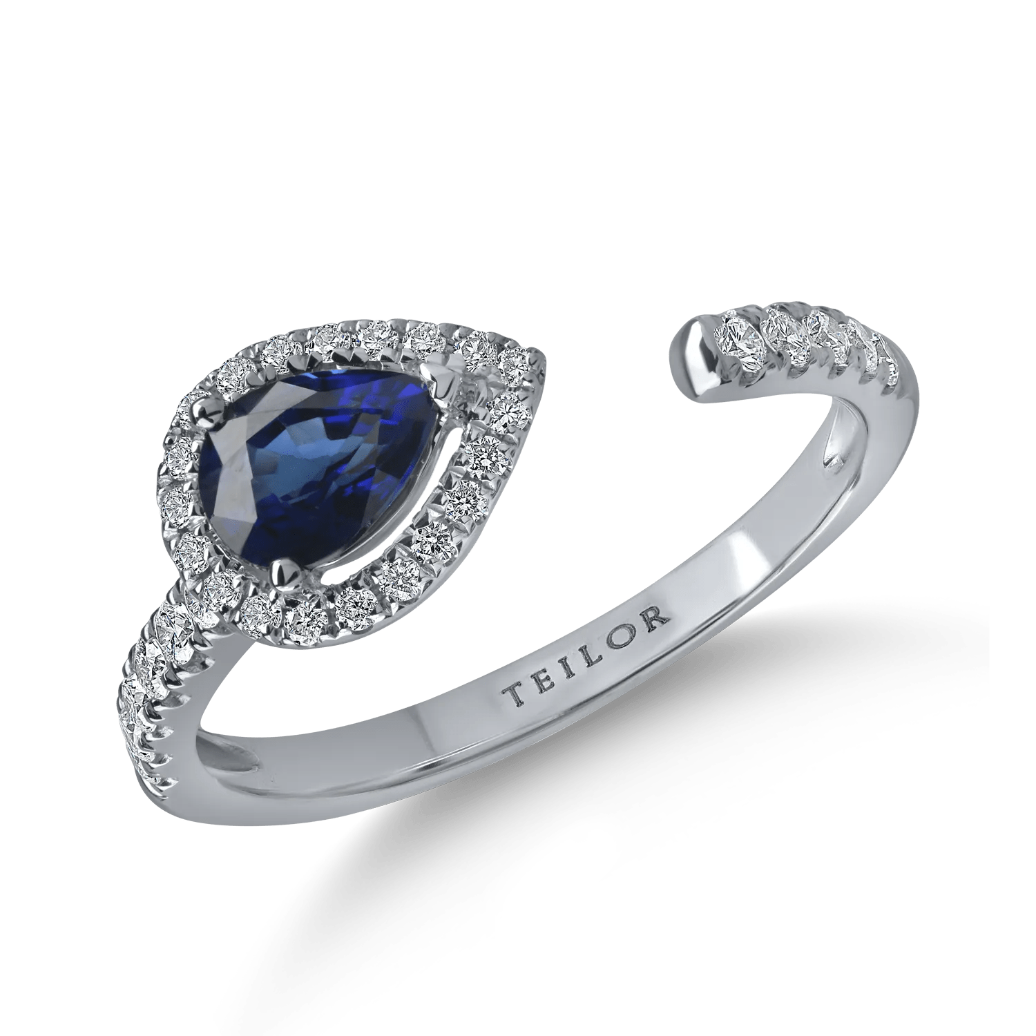 Inel deschis din aur alb cu safir pear de 0.6ct și diamante 0.2ct Inel deschis din aur alb cu safir pear de 0.6ct și diamante 0.2ct
