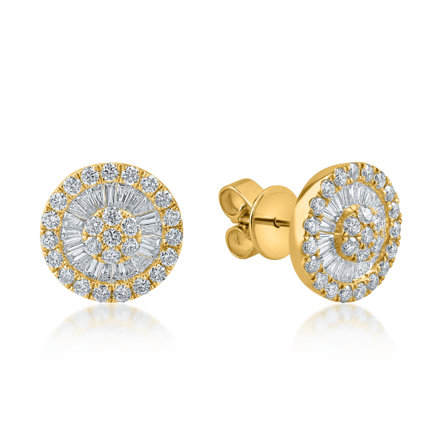 Cercei rotunzi din aur galben cu diamante baguette și rotunde de 1ct Cercei rotunzi din aur galben cu diamante baguette și rotunde de 1ct