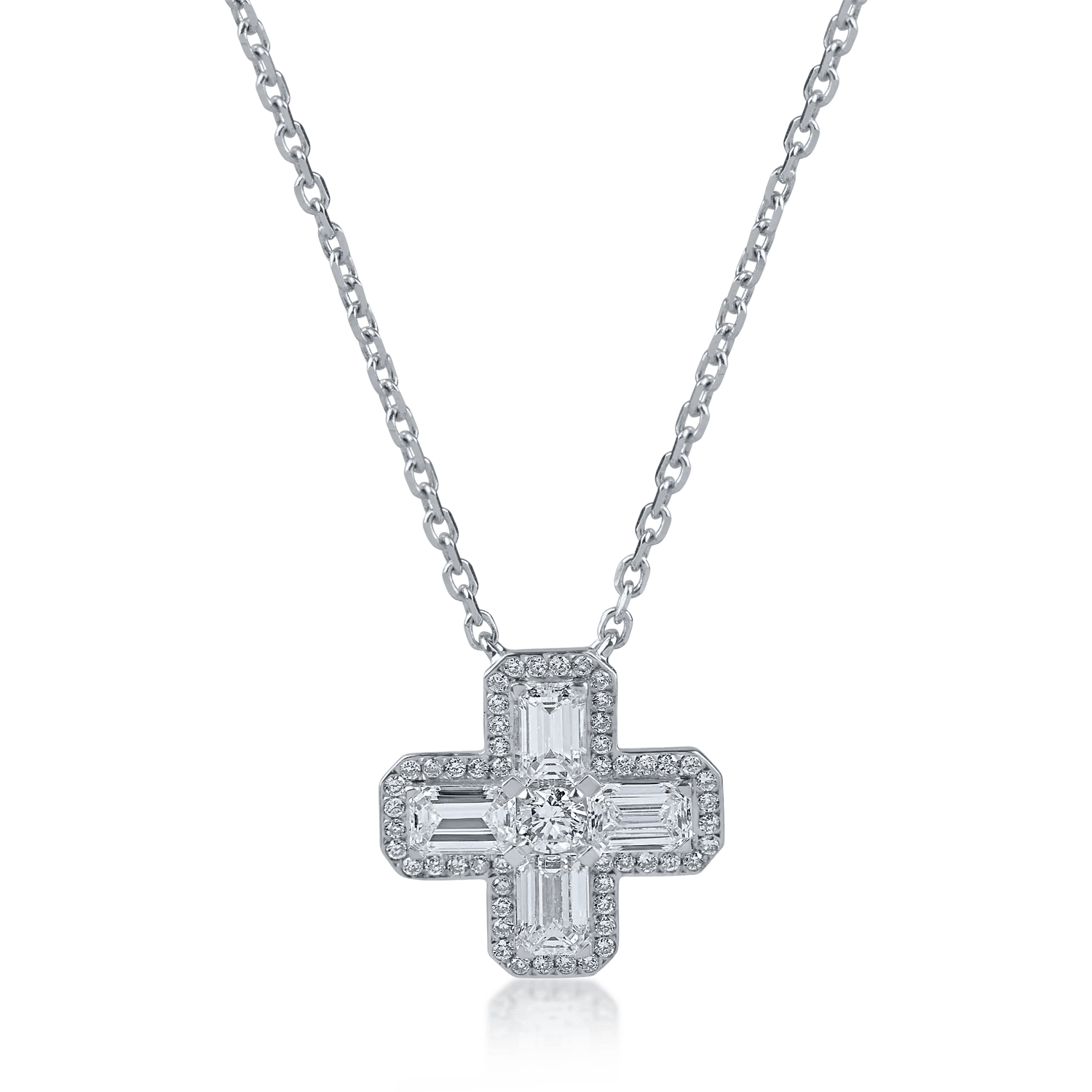 Lanț cu pandantiv cruce din aur alb cu diamante emerald și rotunde de 0.9ct – Teilor Lanț cu pandantiv cruce din aur alb cu diamante emerald și rotunde de 0.9ct – Teilor