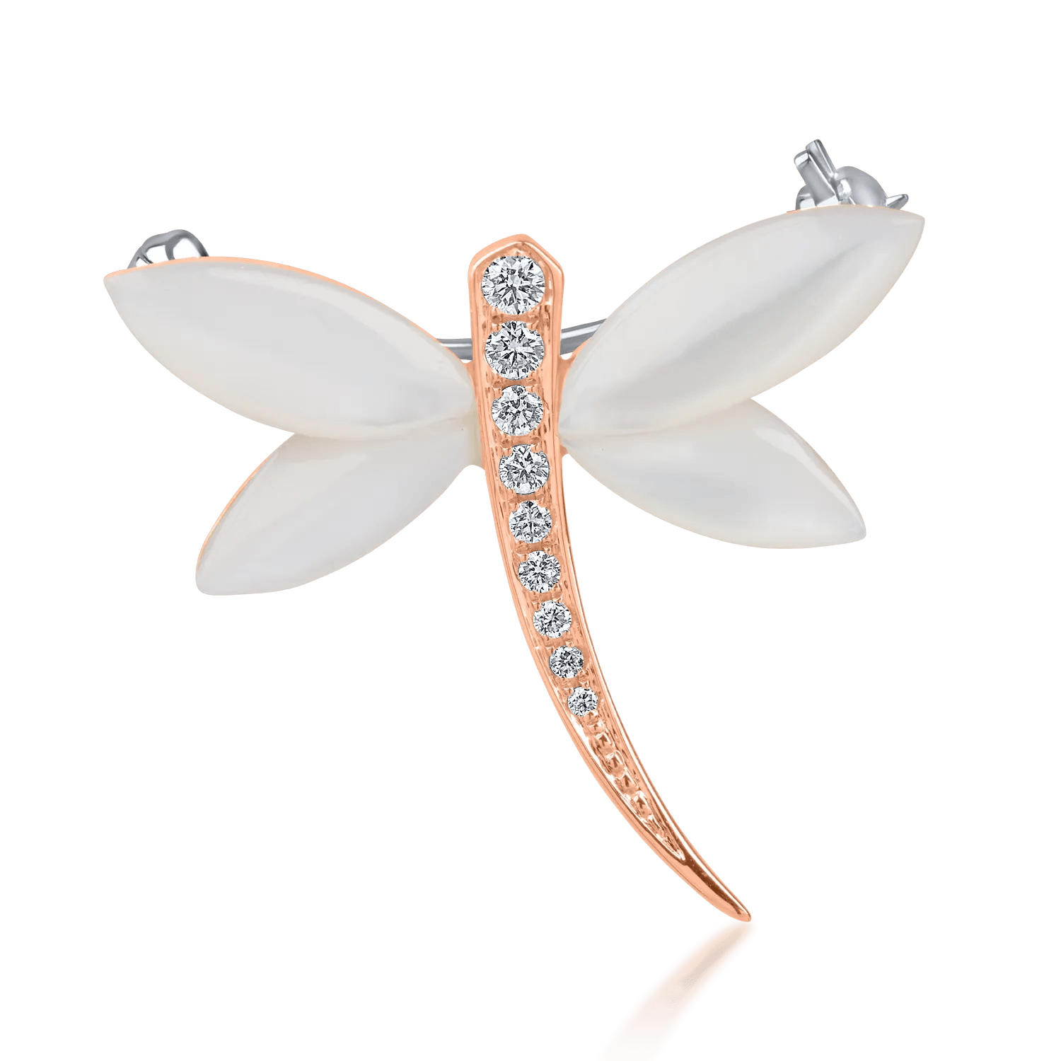 Brosă libelulă din aur alb-roz cu sidef de 2.6ct și diamante de 0.11ct Brosă libelulă din aur alb-roz cu sidef de 2.6ct și diamante de 0.11ct