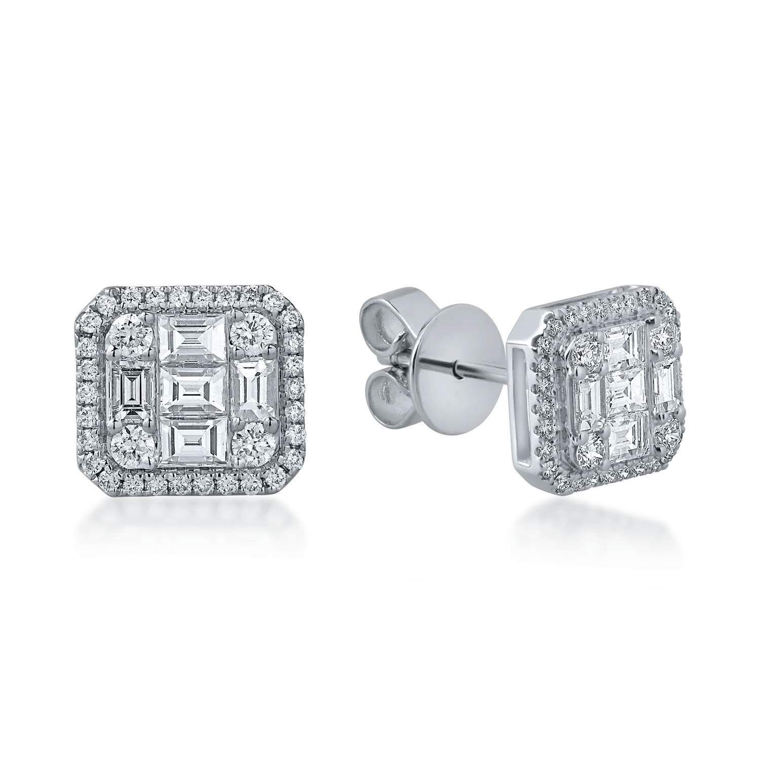 Cercei pătrați din aur alb cu diamante baguette și rotunde de 0.7ct Cercei pătrați din aur alb cu diamante baguette și rotunde de 0.7ct