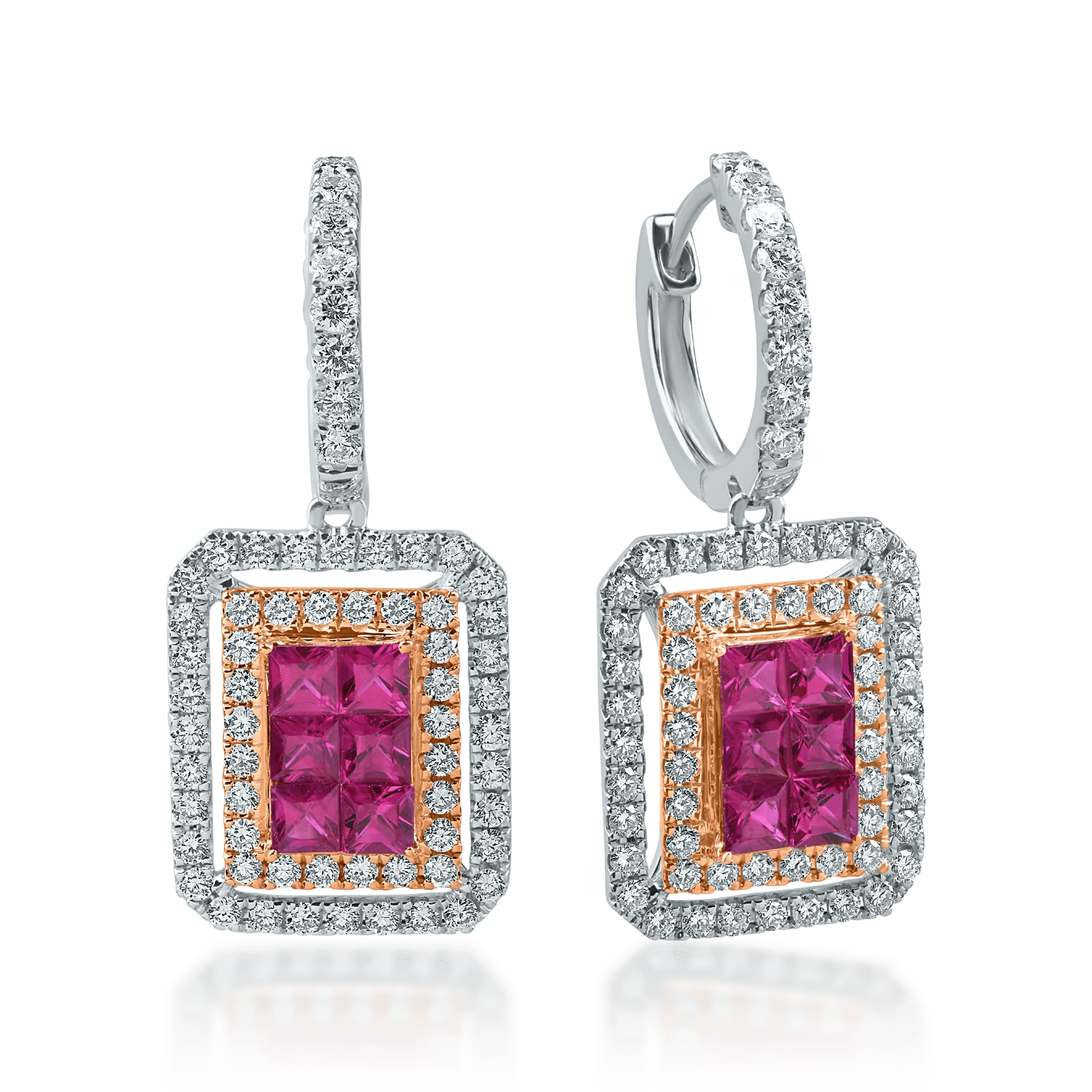 Cercei geometrici din aur alb-roz cu rubine 1.3ct și diamante 1.1ct Cercei geometrici din aur alb-roz cu rubine 1.3ct și diamante 1.1ct