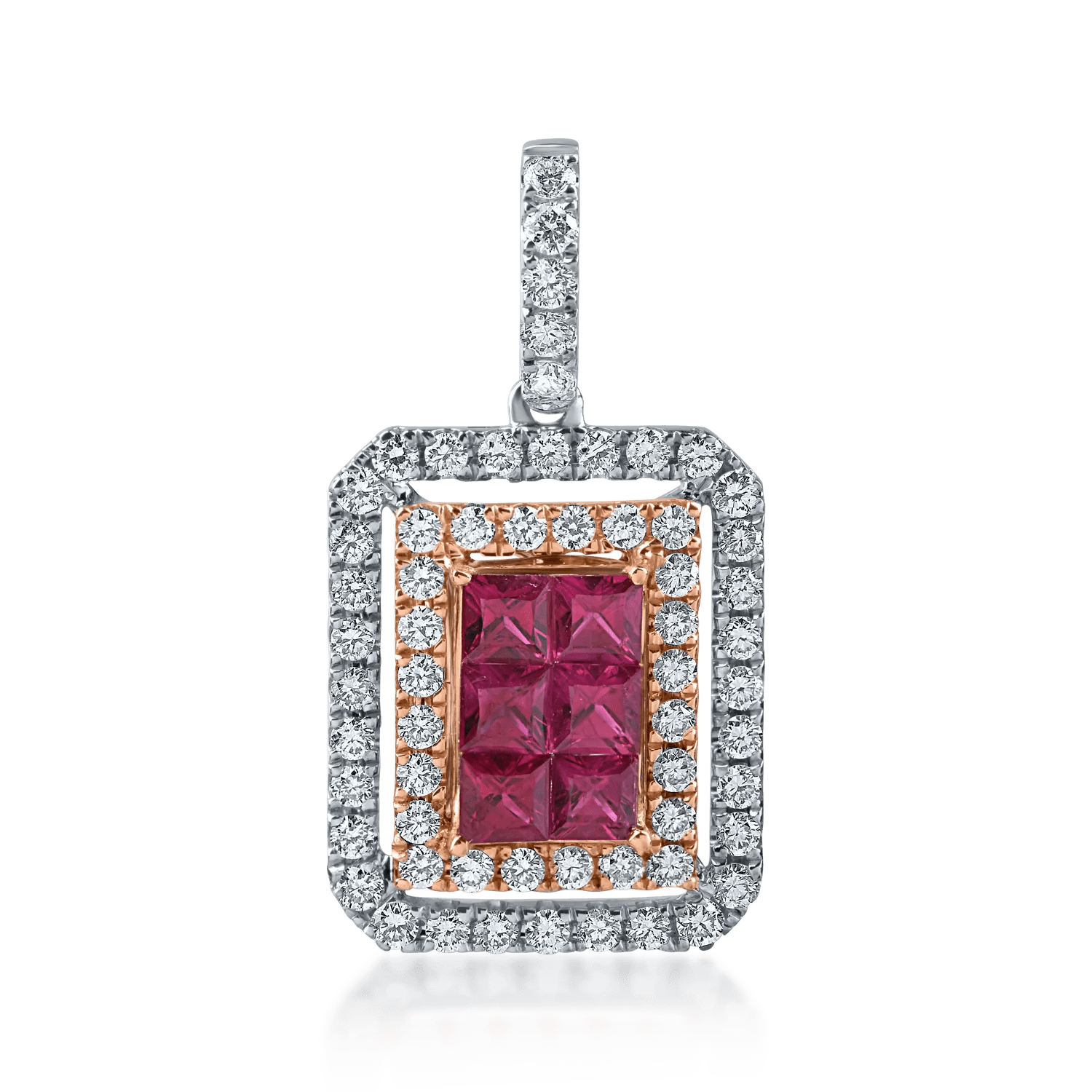 Pandantiv geometric din aur alb-roz cu rubine princess de 0.5ct și diamante de 0.5ct Pandantiv geometric din aur alb-roz cu rubine princess de 0.5ct și diamante de 0.5ct