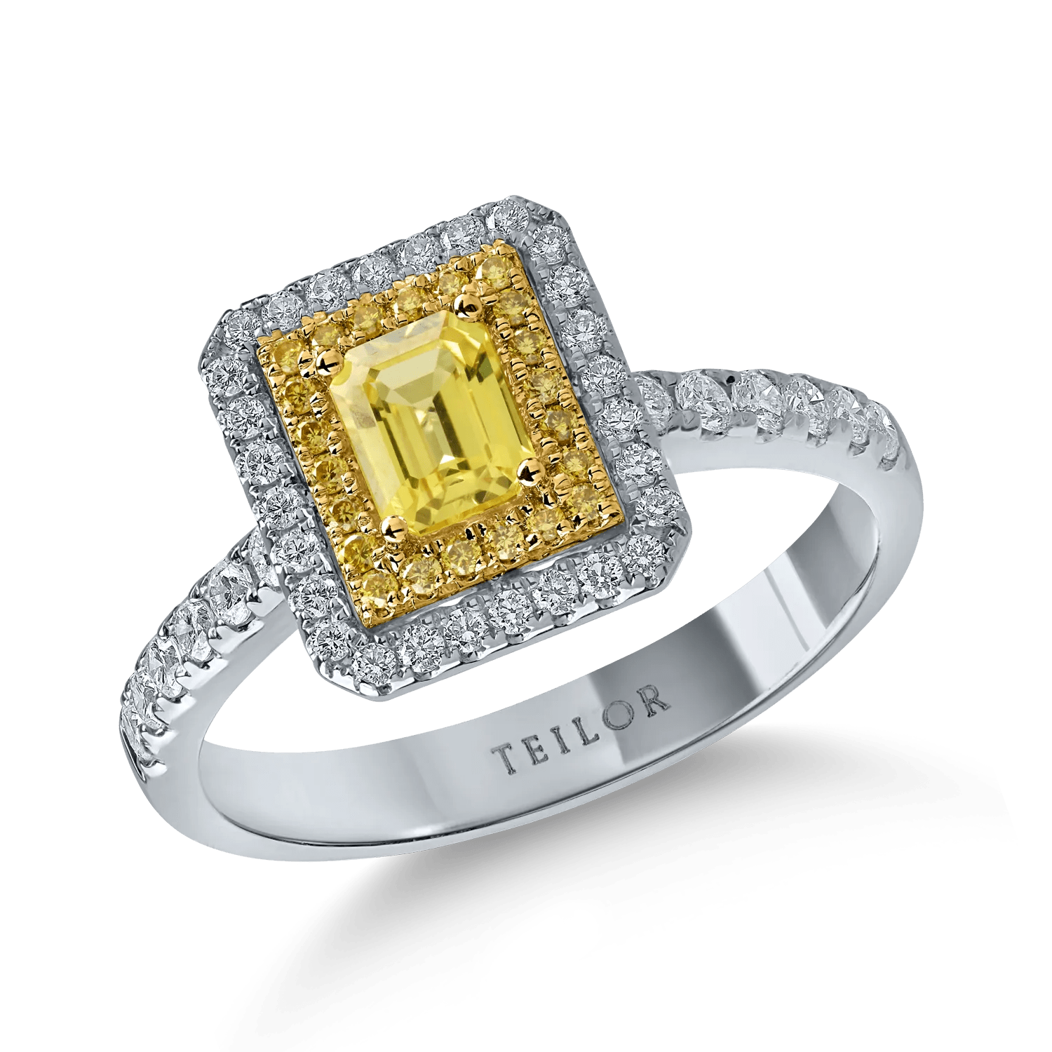 Inel din aur alb-galben cu diamante de 0.4ct și safire galbene octogonale de 0.5ct Inel din aur alb-galben cu diamante de 0.4ct și safire galbene octogonale de 0.5ct