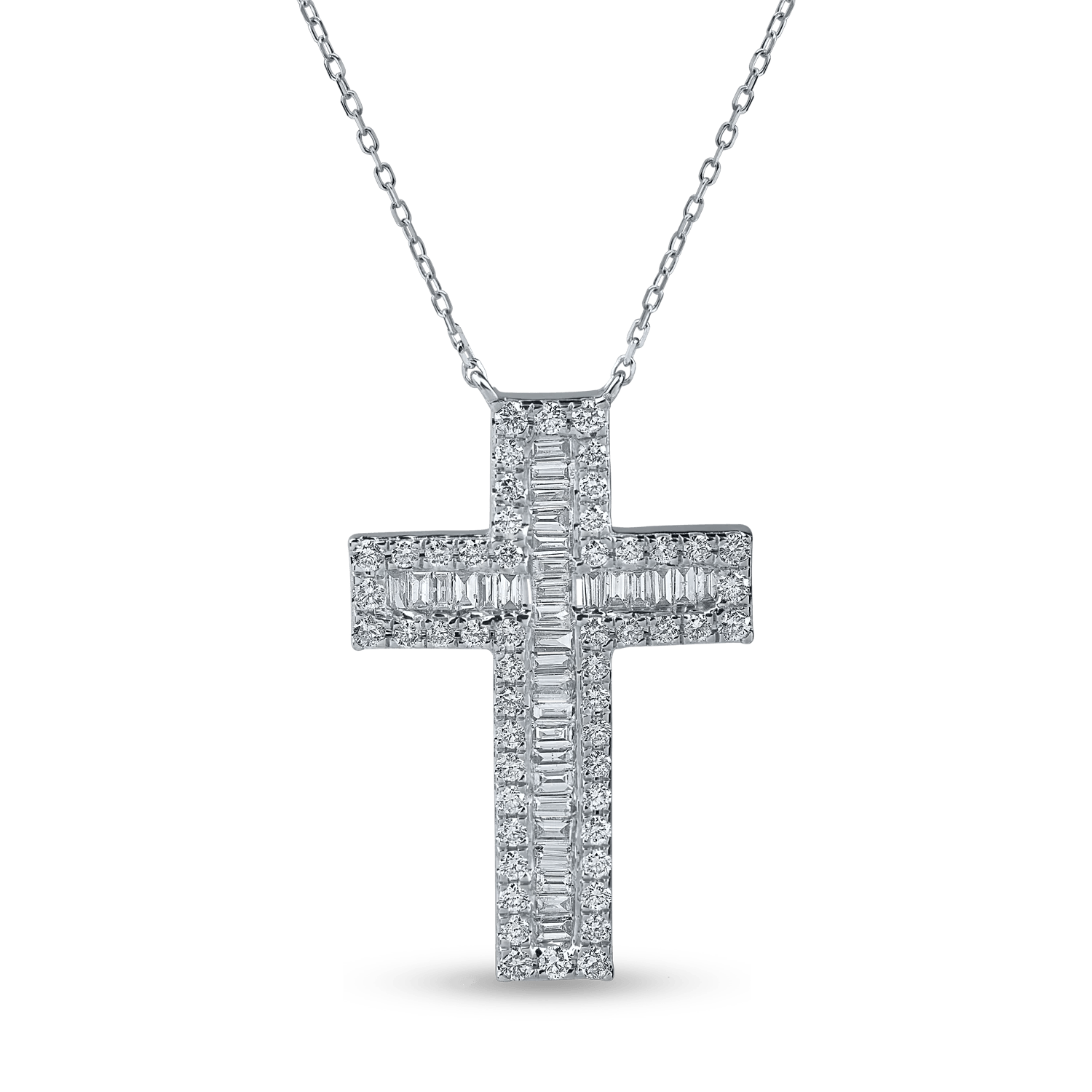Lanț cu pandantiv cruce din aur alb cu diamante baguette și rotunde de 0.7ct Lanț cu pandantiv cruce din aur alb cu diamante baguette și rotunde de 0.7ct