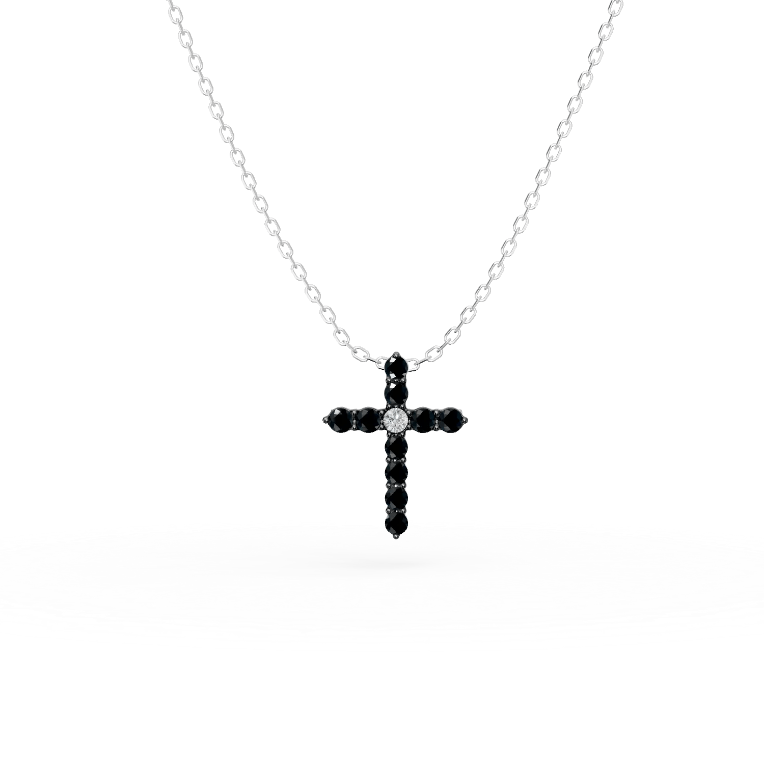 Lanț cu pandantiv cruce din aur alb cu diamante incolore de 0.01ct și diamante negre de 0.09ct Lanț cu pandantiv cruce din aur alb cu diamante incolore de 0.01ct și diamante negre de 0.09ct