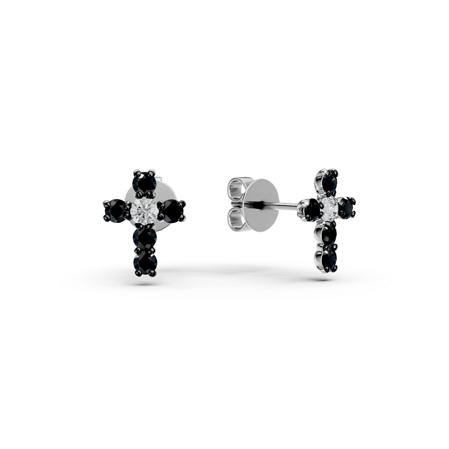 Cercei cruciulițe din aur alb cu diamante negre și incolore de 0.1ct Cercei cruciulițe din aur alb cu diamante negre și incolore de 0.1ct