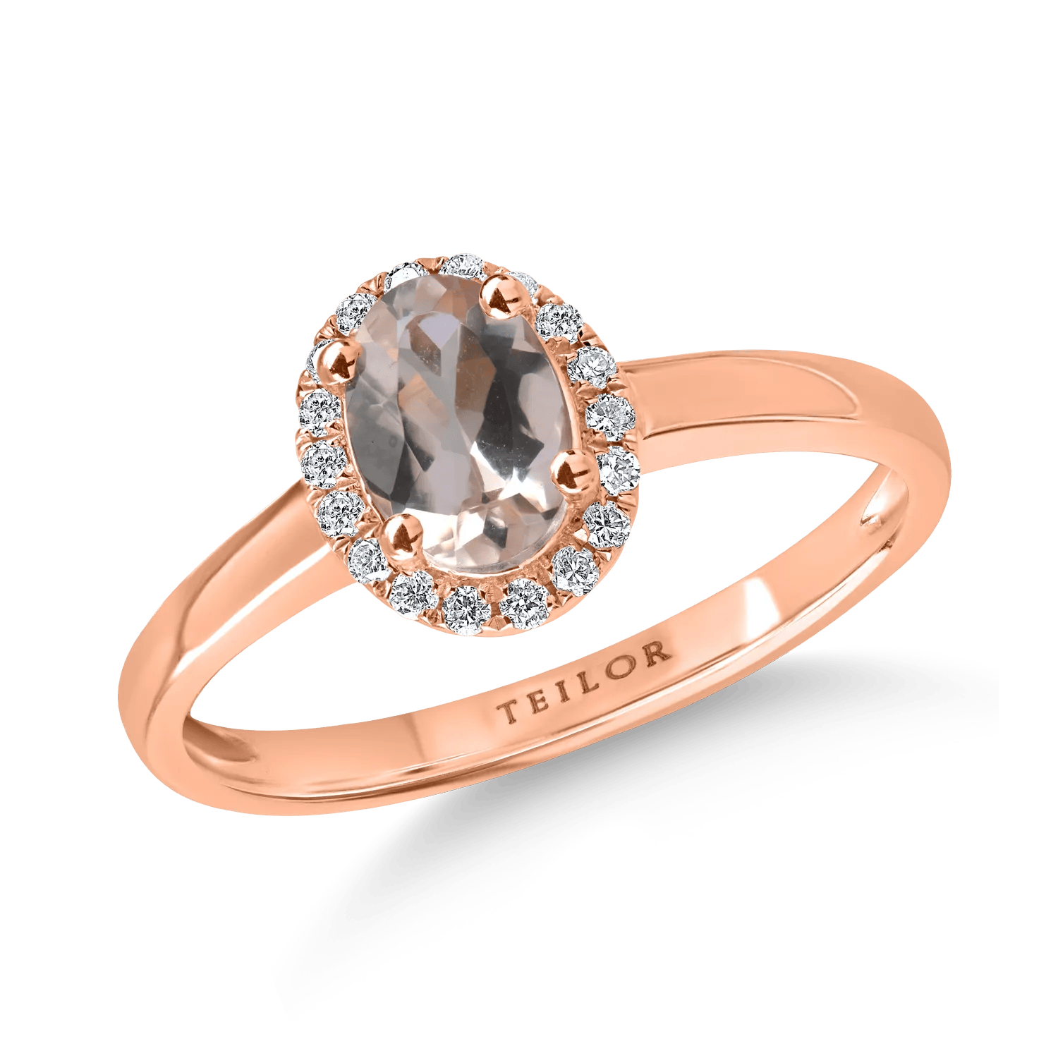 Inel geometric din aur roz cu morganit oval de 0.7ct și diamante de 0.1ct – Teilor Inel geometric din aur roz cu morganit oval de 0.7ct și diamante de 0.1ct – Teilor