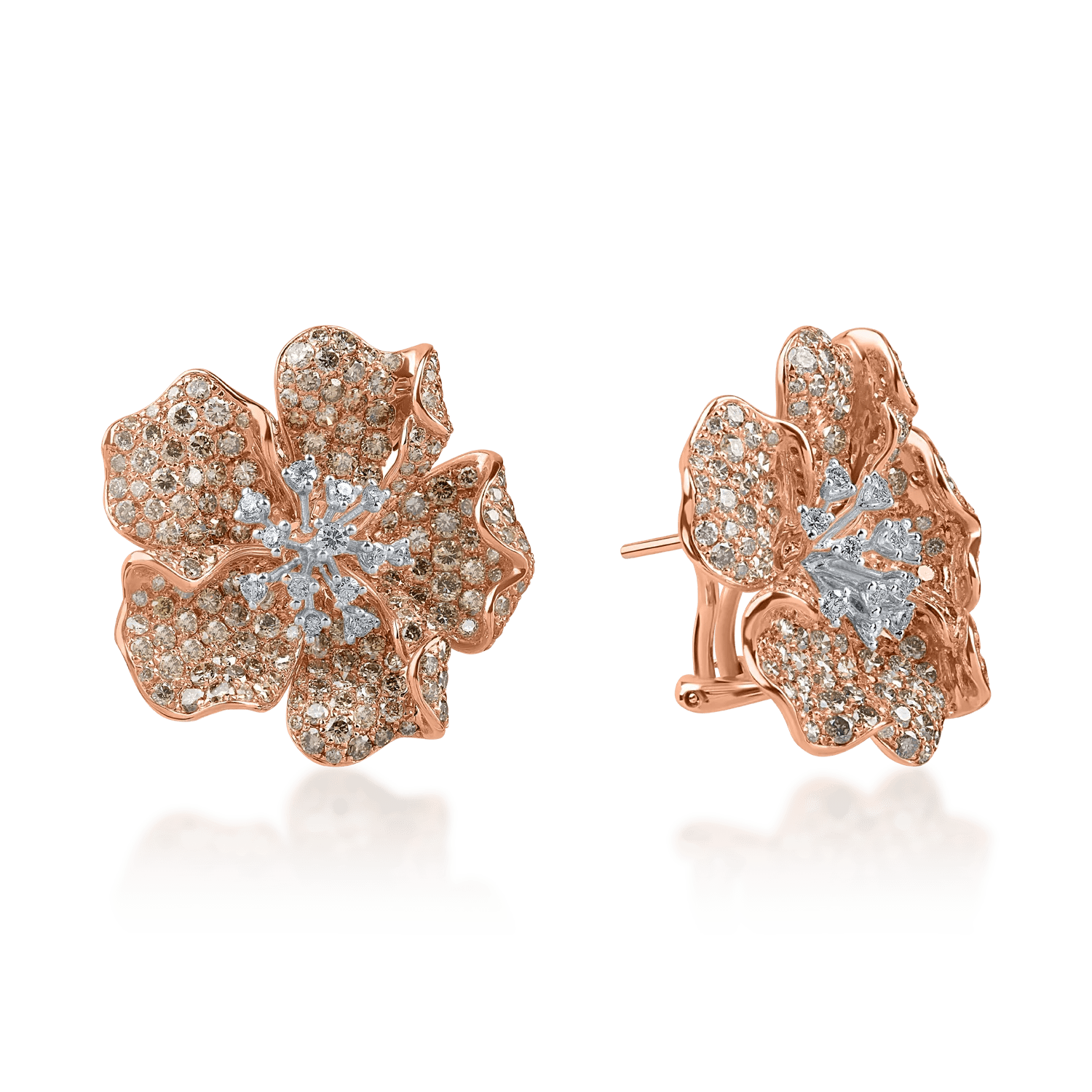 Cercei floare din aur roz cu diamante maro și incolore 6.6ct Cercei floare din aur roz cu diamante maro și incolore 6.6ct