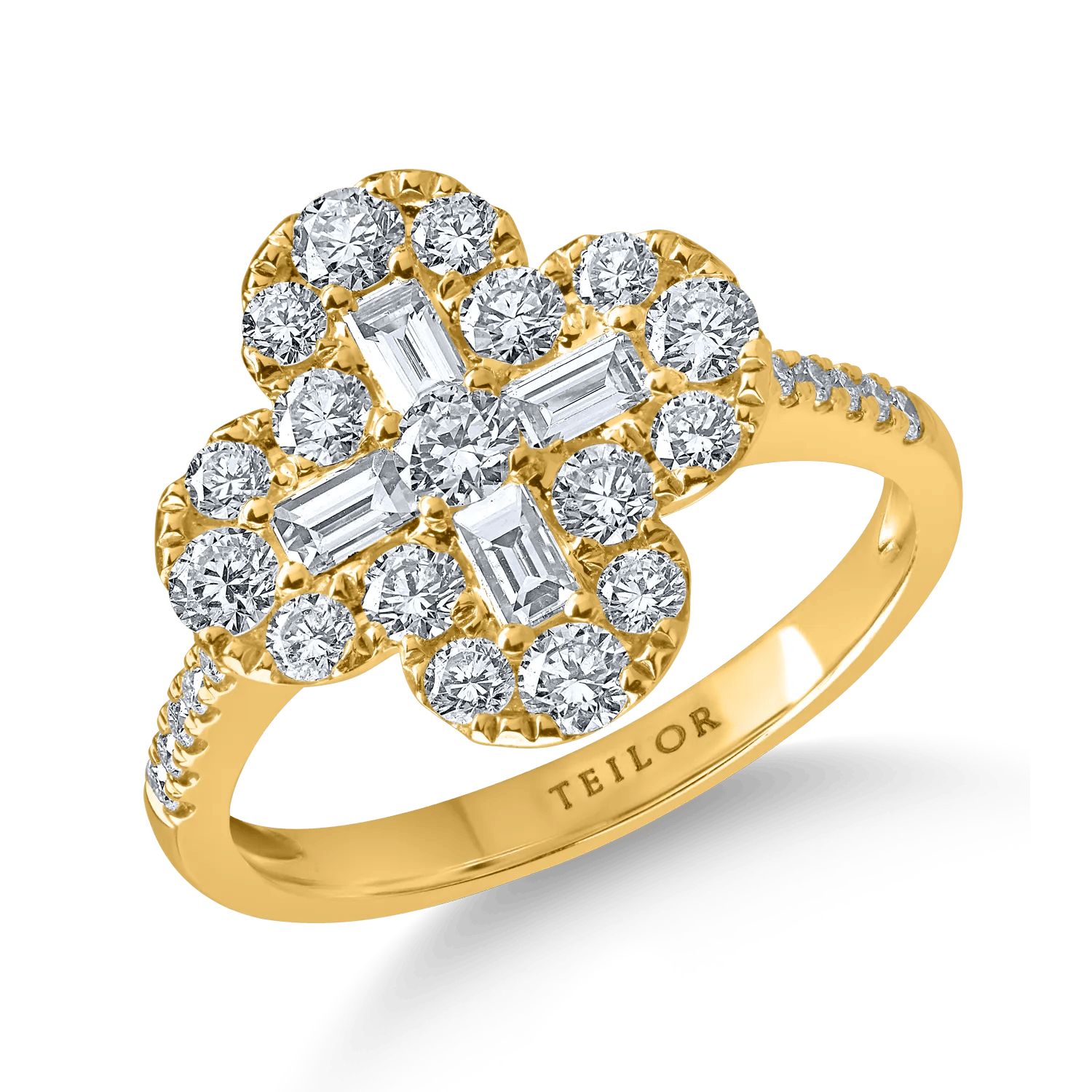 Inel geometric din aur galben cu diamante baguette și rotunde de 1.1ct – Teilor Inel geometric din aur galben cu diamante baguette și rotunde de 1.1ct – Teilor