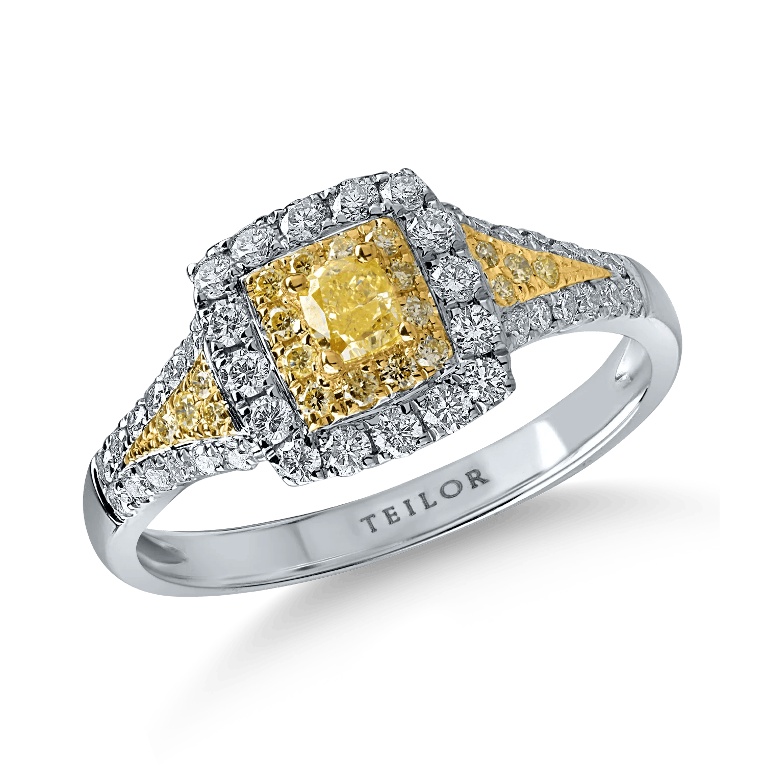 Inel din aur alb-galben cu diamante galbene cushion și rotunde și incolore de 0.74ct – Teilor Inel din aur alb-galben cu diamante galbene cushion și rotunde și incolore de 0.74ct – Teilor