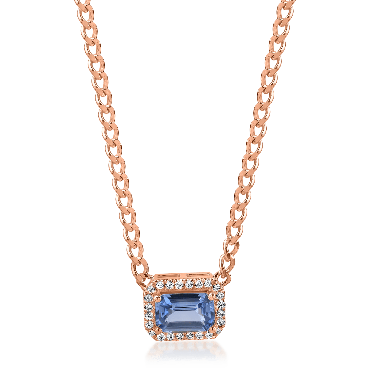 Lanț cu pandantiv geometric din aur roz, safir albastru-deschis de 0.5ct și diamante de 0.06ct Lanț cu pandantiv geometric din aur roz, safir albastru-deschis de 0.5ct și diamante de 0.06ct