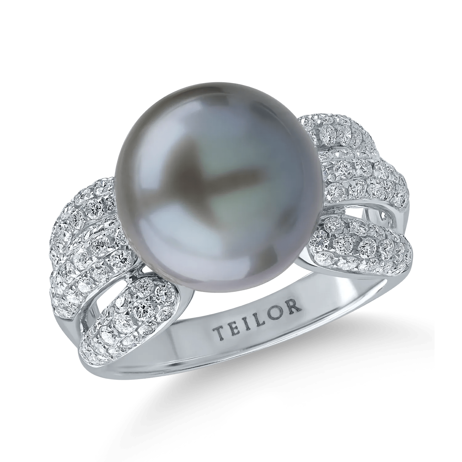 Inel din aur alb cu perlă de cultură de 12ct și diamante de 0.8ct Inel din aur alb cu perlă de cultură de 12ct și diamante de 0.8ct