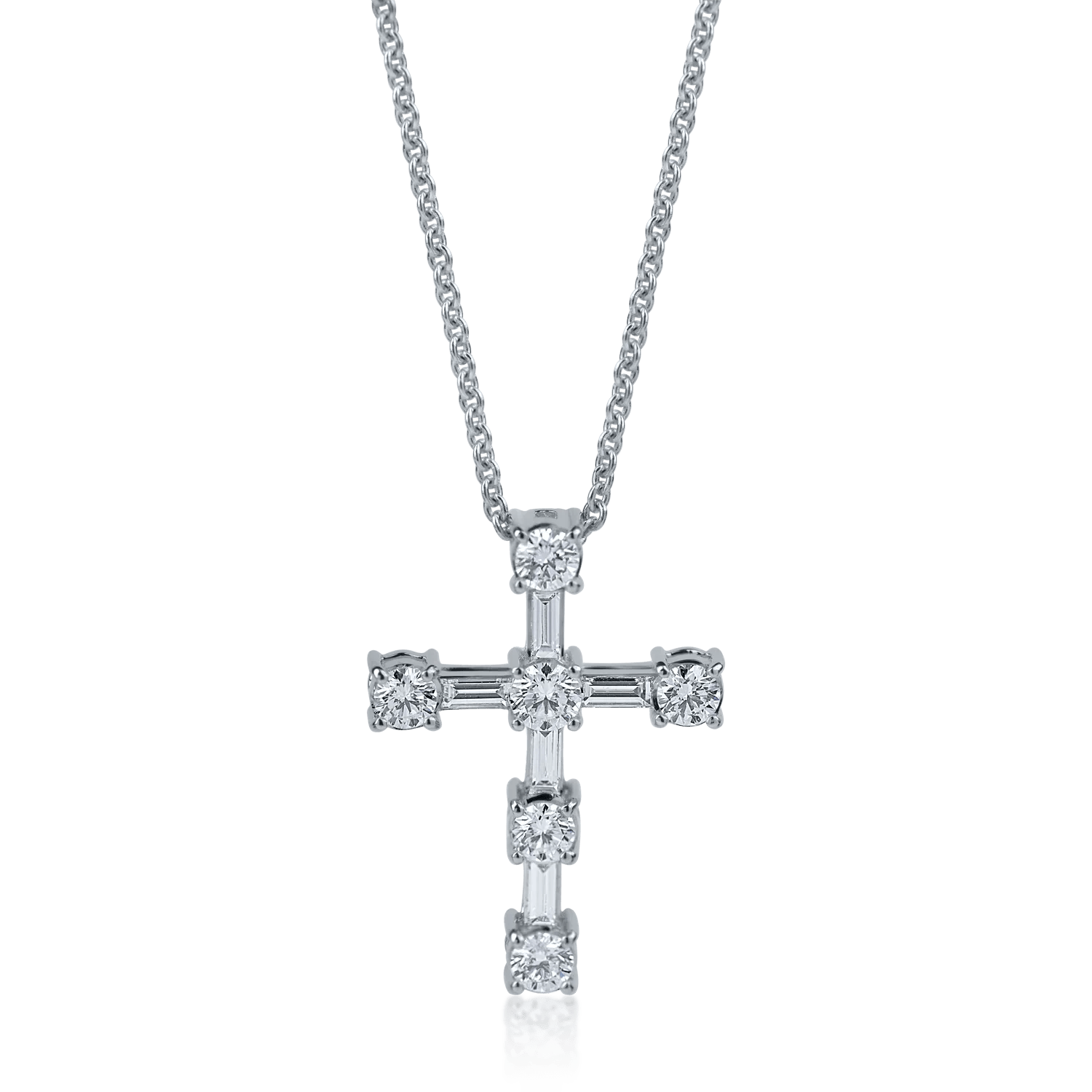 Lanț cu pandantiv cruce din aur alb cu diamante baguette și rotunde de 0.8ct Lanț cu pandantiv cruce din aur alb cu diamante baguette și rotunde de 0.8ct