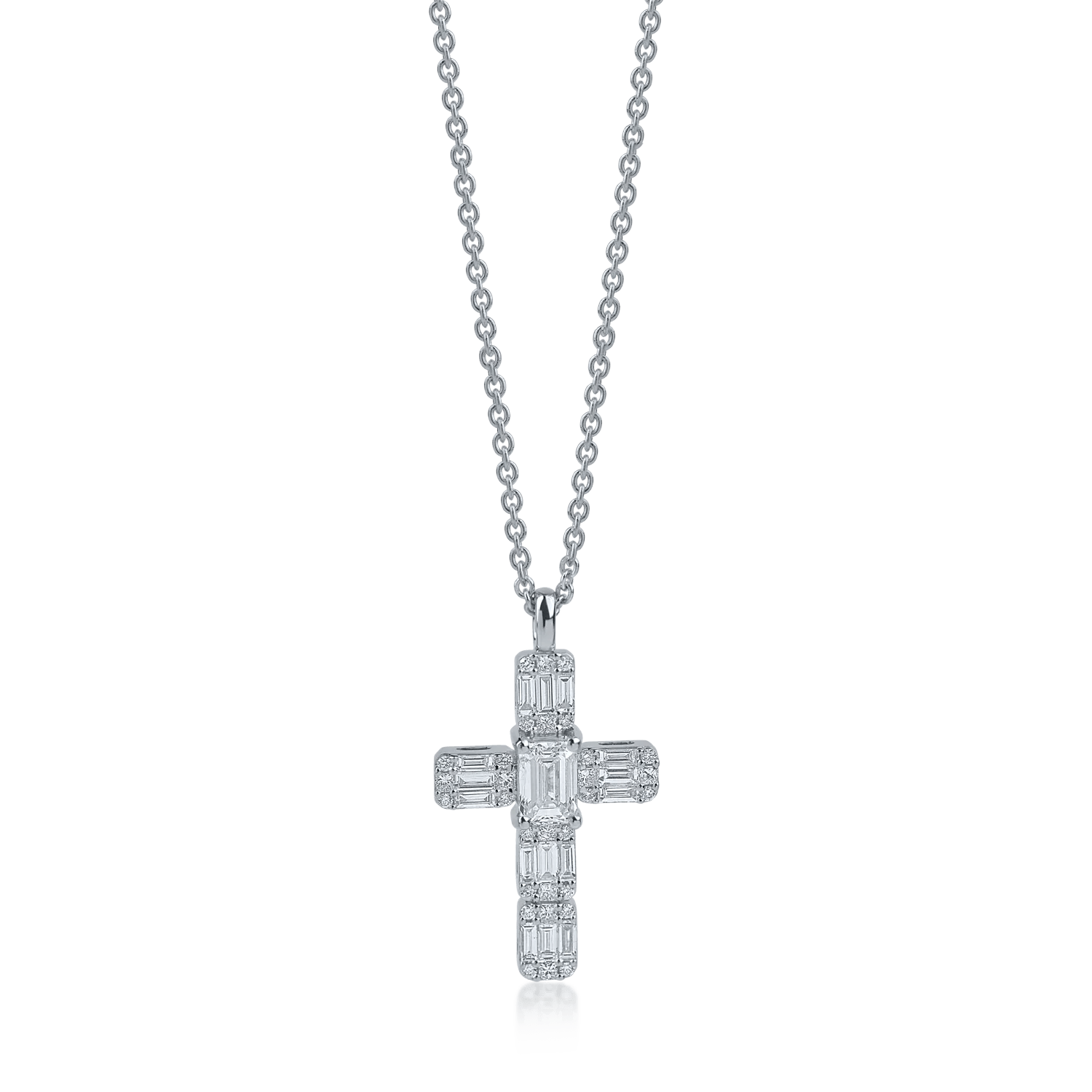 Lănțișor cu pandantiv cruce din aur alb cu diamante rotunde și baguette de 1.1ct Lănțișor cu pandantiv cruce din aur alb cu diamante rotunde și baguette de 1.1ct