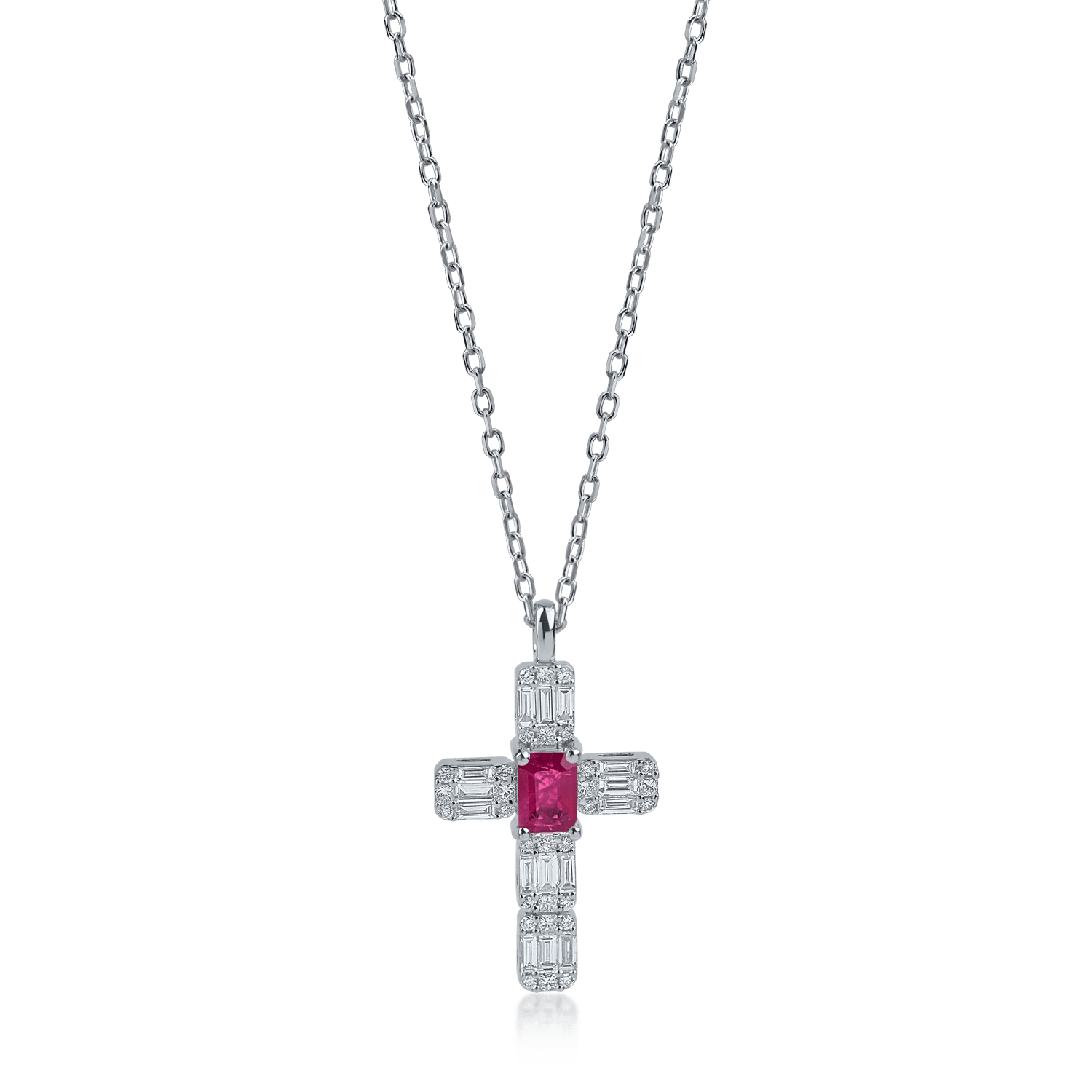 Lanț cu pandantiv cruce din aur alb cu rubin și diamante de 1.12ct Lanț cu pandantiv cruce din aur alb cu rubin și diamante de 1.12ct
