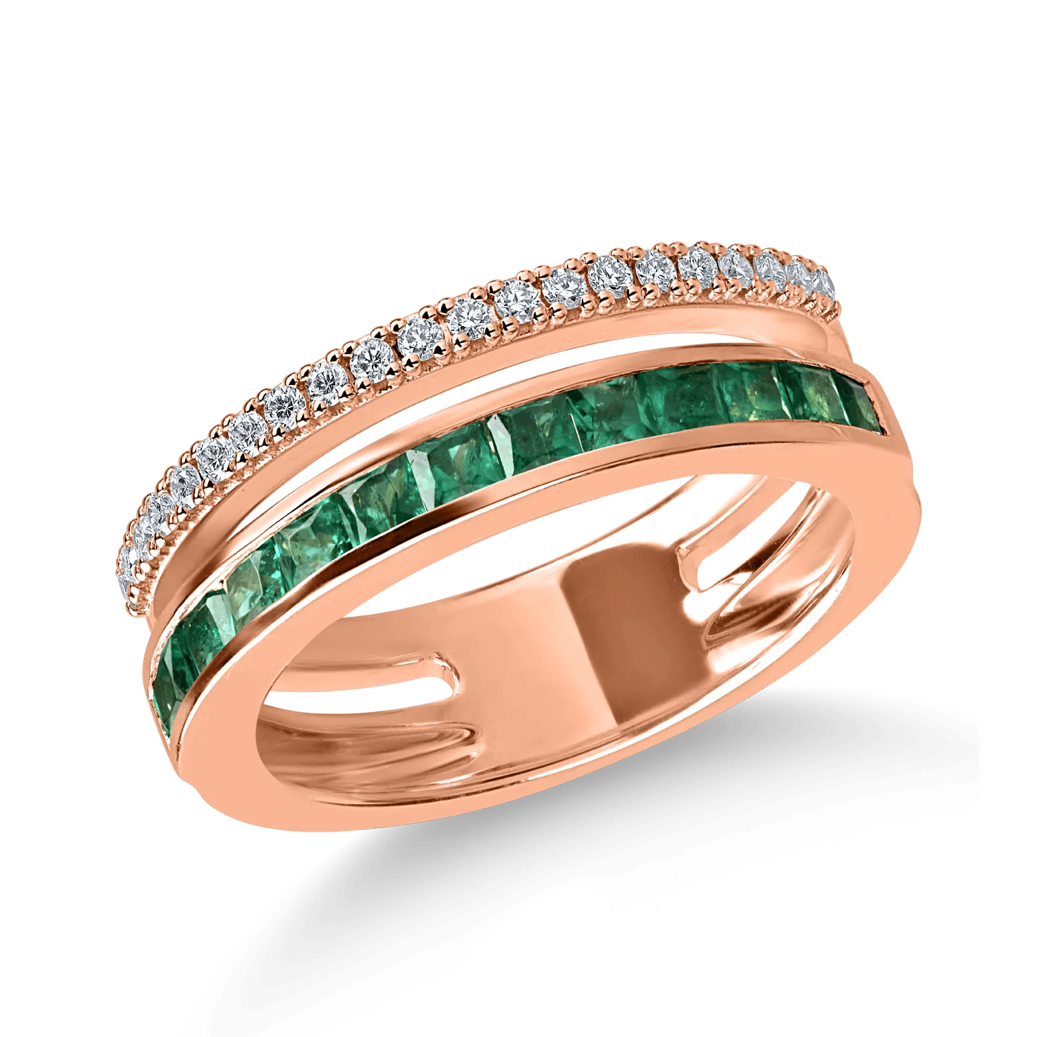 Inel din aur roz cu smaralde de 0.6ct și diamante de 0.16ct Inel din aur roz cu smaralde de 0.6ct și diamante de 0.16ct