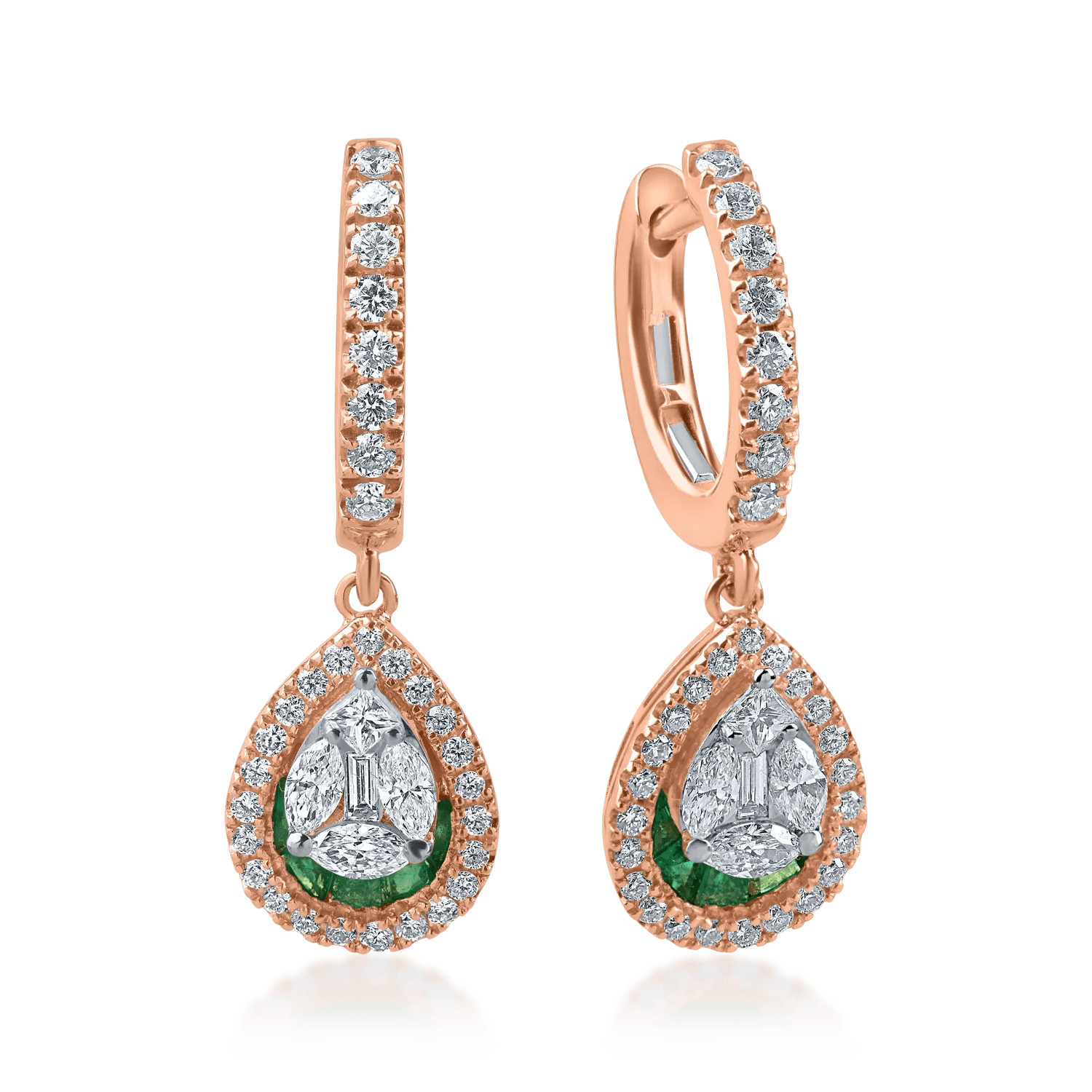 Cercei din aur roz cu diamante de 1.05ct și smaralde de 0.5ct Cercei din aur roz cu diamante de 1.05ct și smaralde de 0.5ct