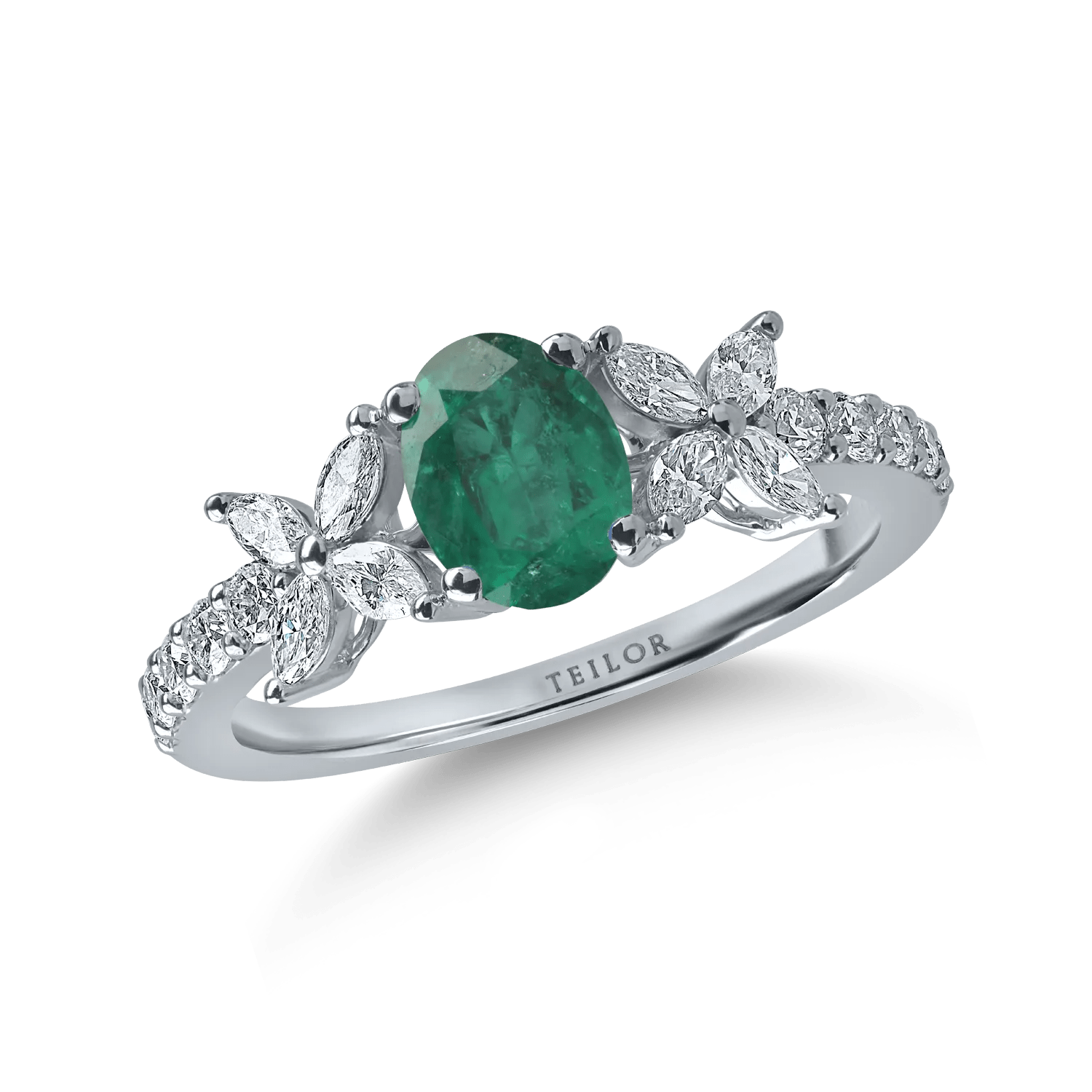 Inel din aur alb cu smarald de 0.89ct și diamante de 0.5ct Inel din aur alb cu smarald de 0.89ct și diamante de 0.5ct
