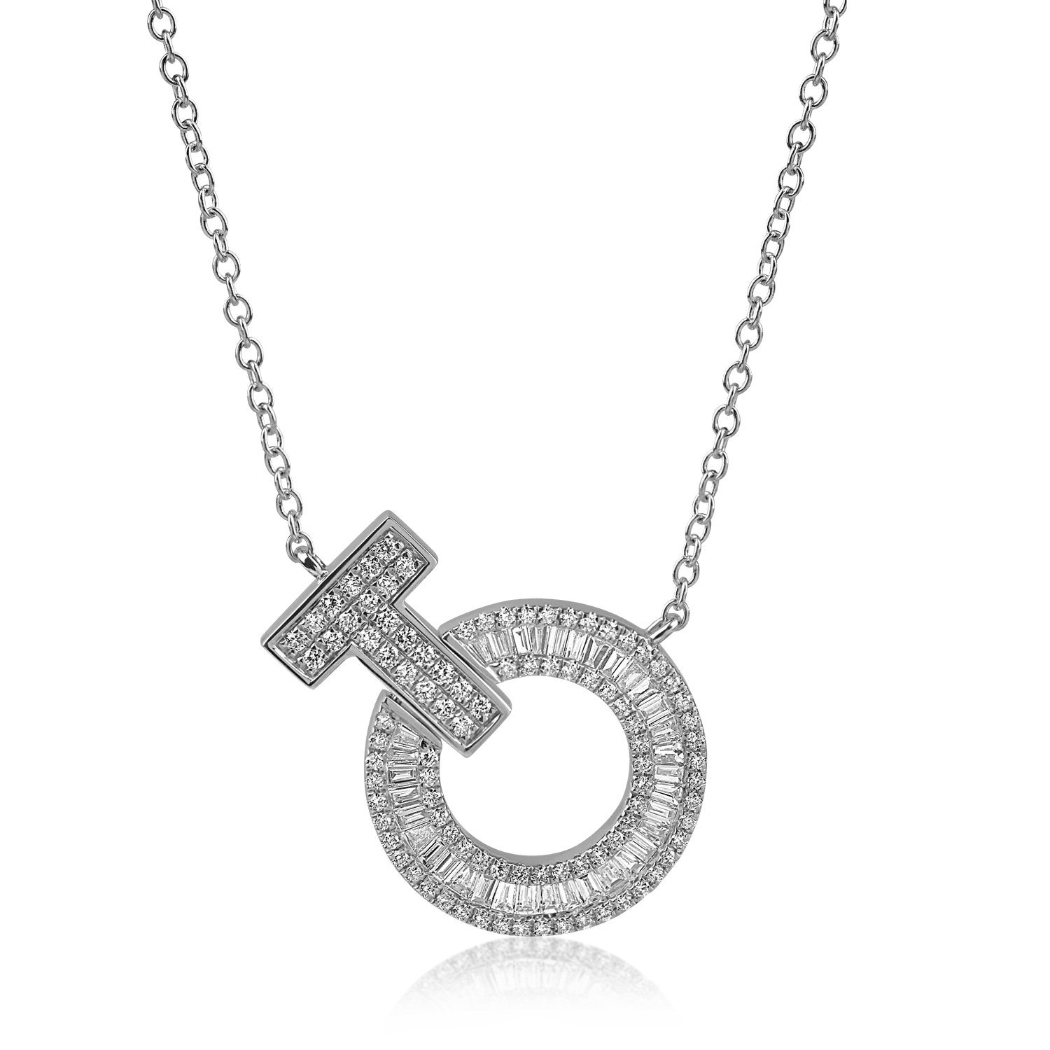 Lanț cu pandantiv cerc din aur alb cu diamante baguette și rotunde de 0.6ct Lanț cu pandantiv cerc din aur alb cu diamante baguette și rotunde de 0.6ct