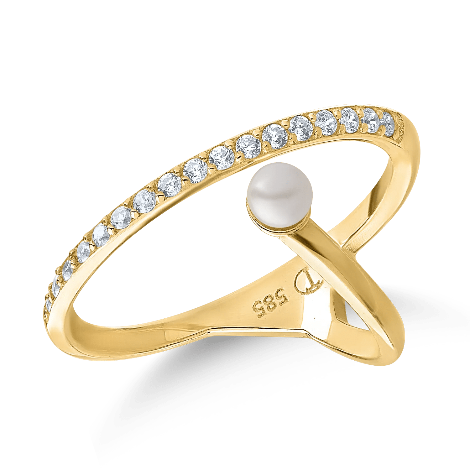 Inel din aur galben cu zirconii și perlă sintetică Inel din aur galben cu zirconii și perlă sintetică