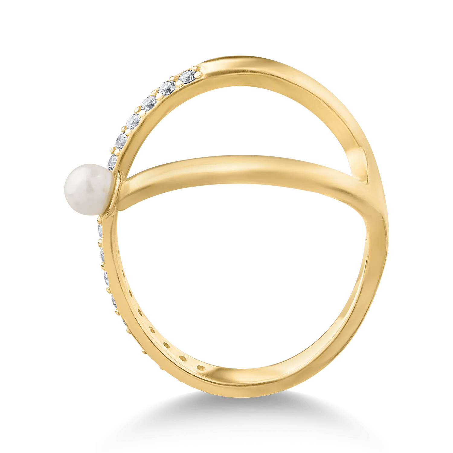 Inel din aur galben cu zirconii și perlă sintetică Inel din aur galben cu zirconii și perlă sintetică
