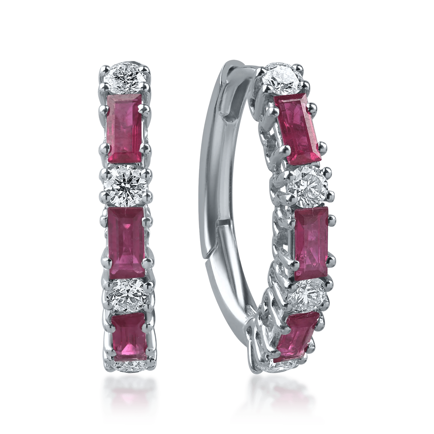 Cercei din aur alb cu rubine baguette de 0.8ct și diamante rotunde de 0.2ct Cercei din aur alb cu rubine baguette de 0.8ct și diamante rotunde de 0.2ct