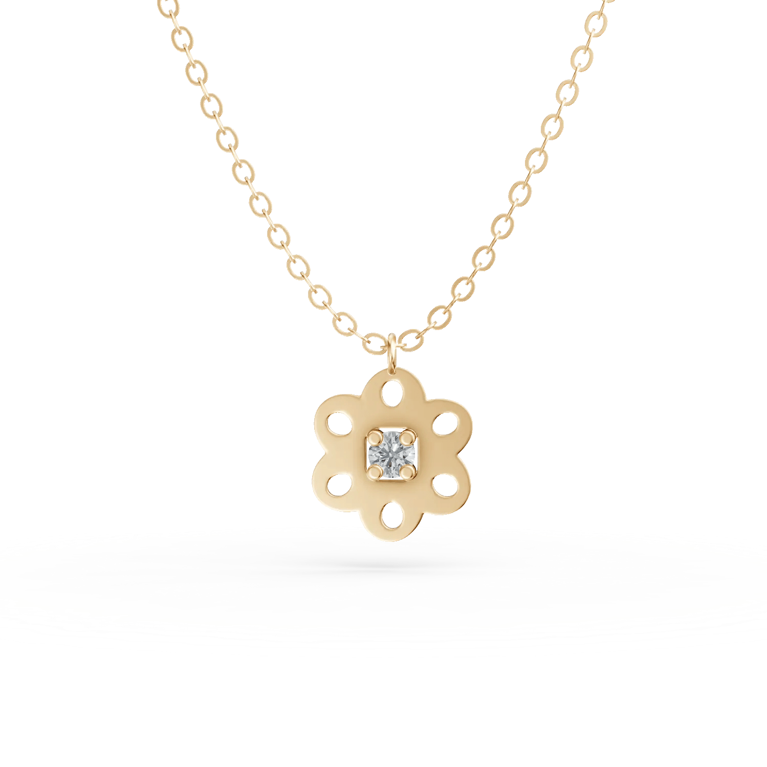 Lanț cu pandantiv floare din aur galben și diamant de 0.02ct Lanț cu pandantiv floare din aur galben și diamant de 0.02ct
