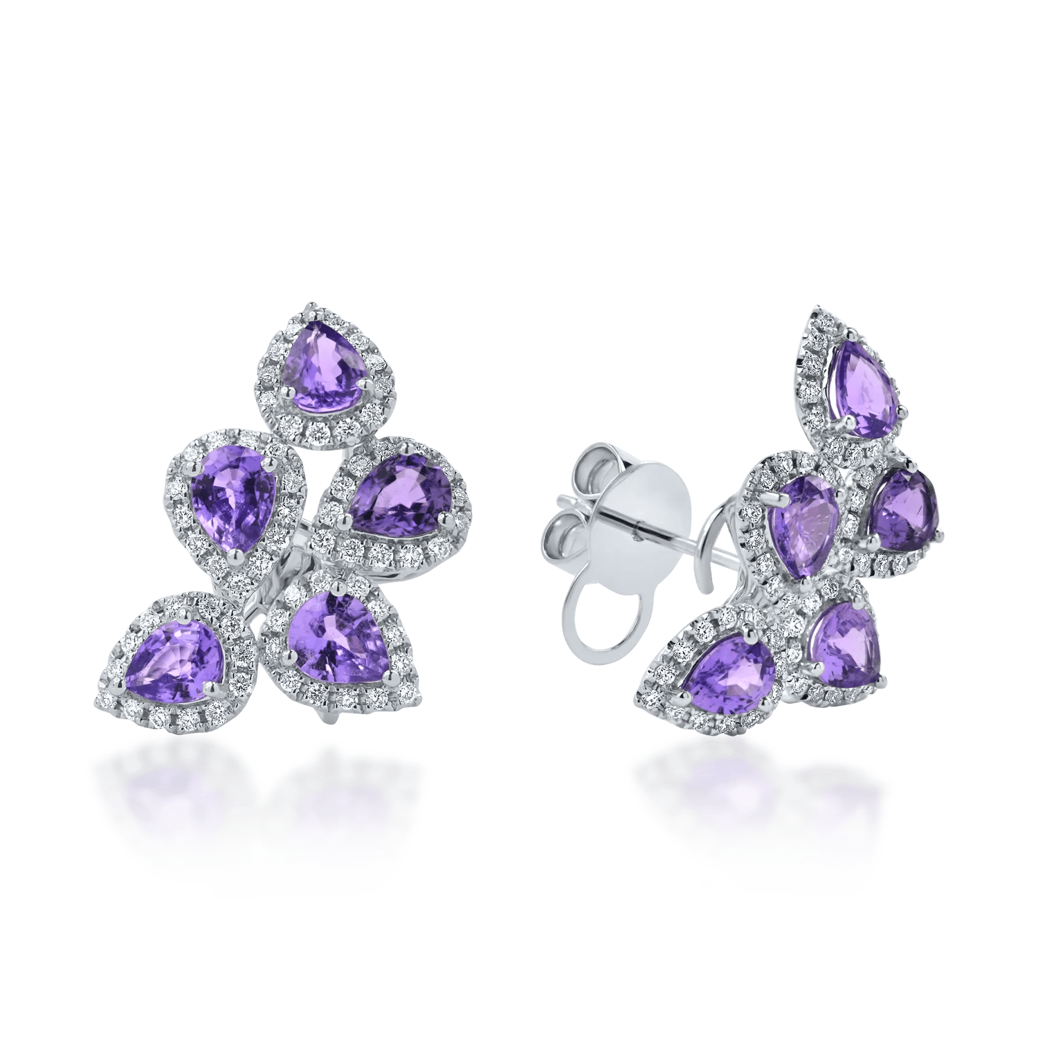 Cercei din aur alb cu safire violet pear și diamante round de 3.9ct Cercei din aur alb cu safire violet pear și diamante round de 3.9ct