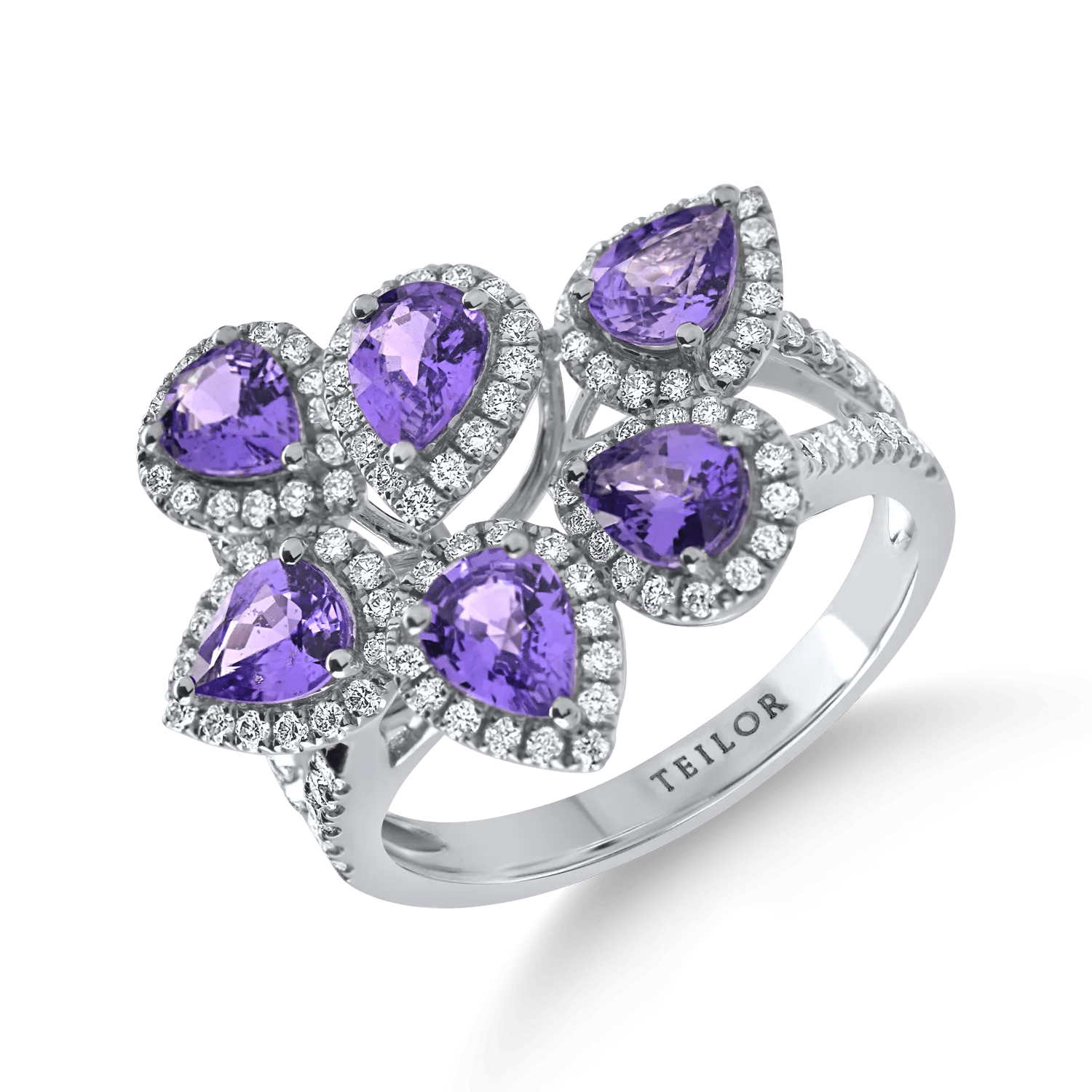 Inel din aur alb cu safire violet pear și diamante, 2.7ct Inel din aur alb cu safire violet pear și diamante, 2.7ct