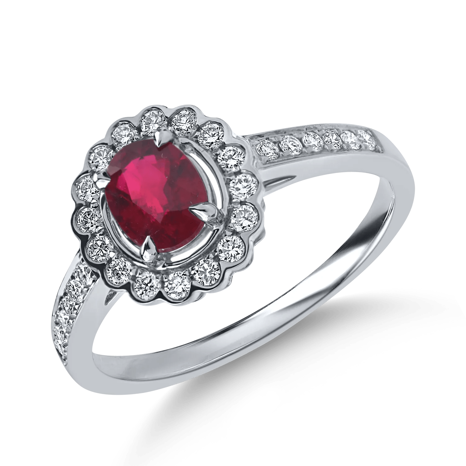 Inel din aur alb cu rubin oval şi diamante de 1ct Inel din aur alb cu rubin oval şi diamante de 1ct