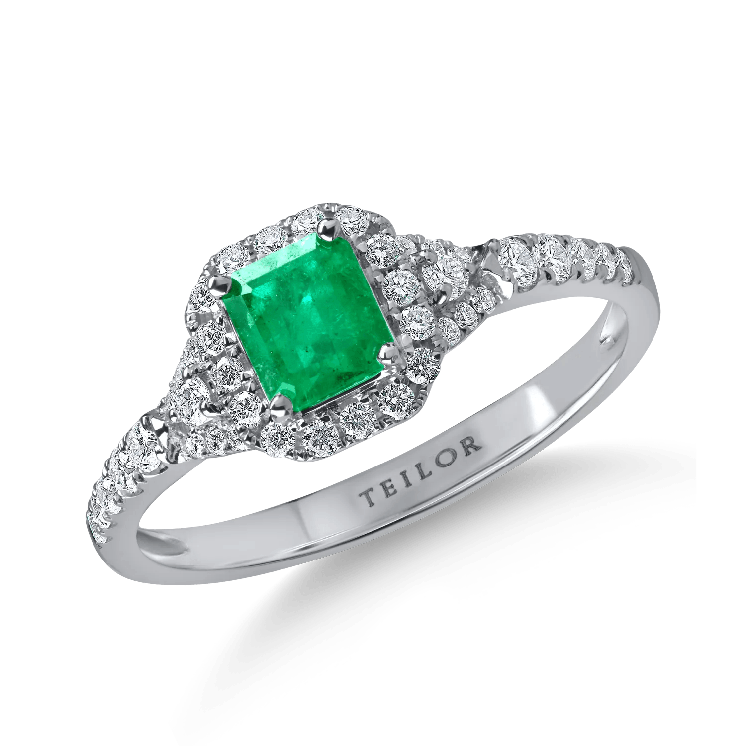 Inel aur alb cu smarald rectangular 0.4ct și diamante pavé 0.3ct Inel aur alb cu smarald rectangular 0.4ct și diamante pavé 0.3ct