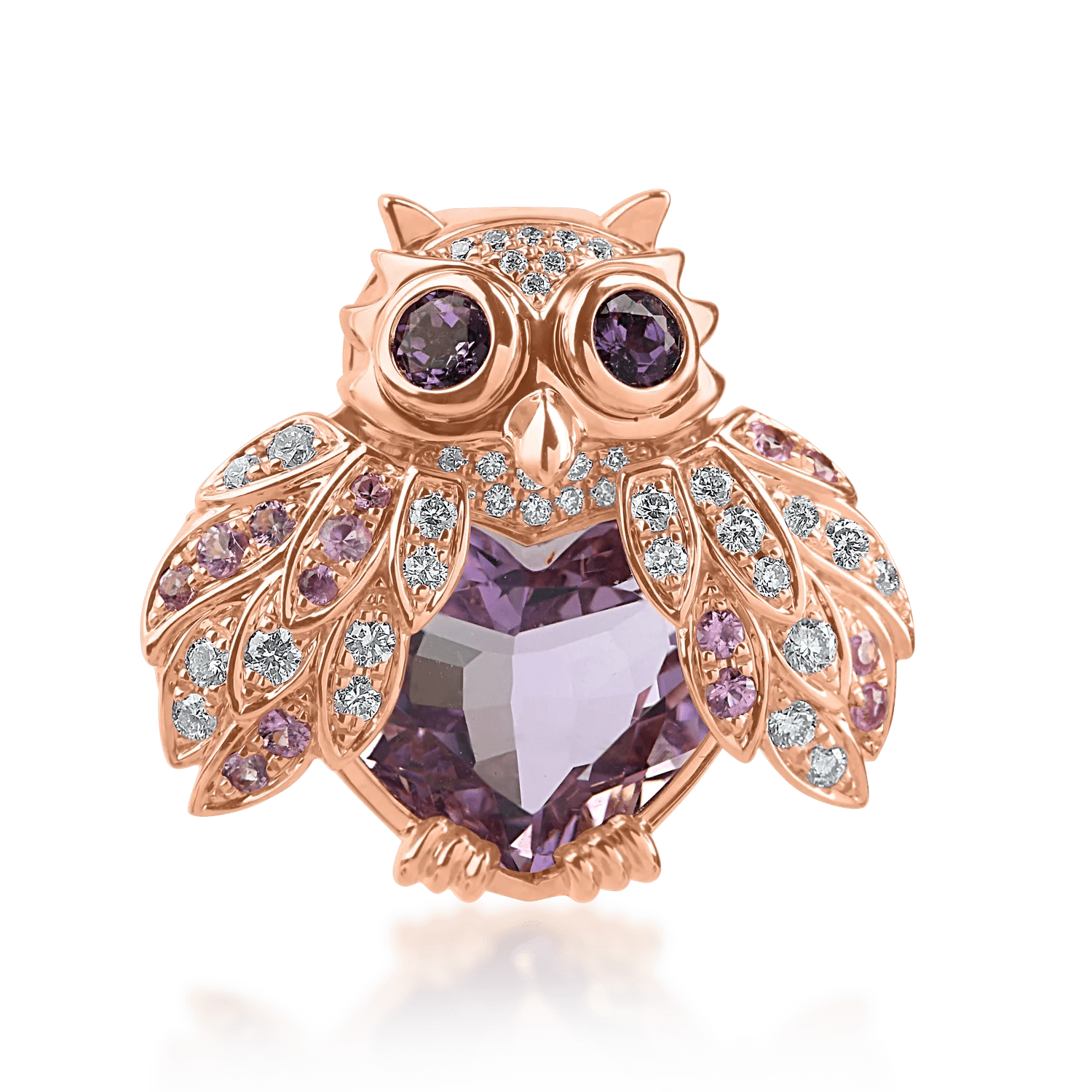 Broșa bufniță din aur roz cu pietre prețioase și semiprețioase de 5.35ct Broșa bufniță din aur roz cu pietre prețioase și semiprețioase de 5.35ct