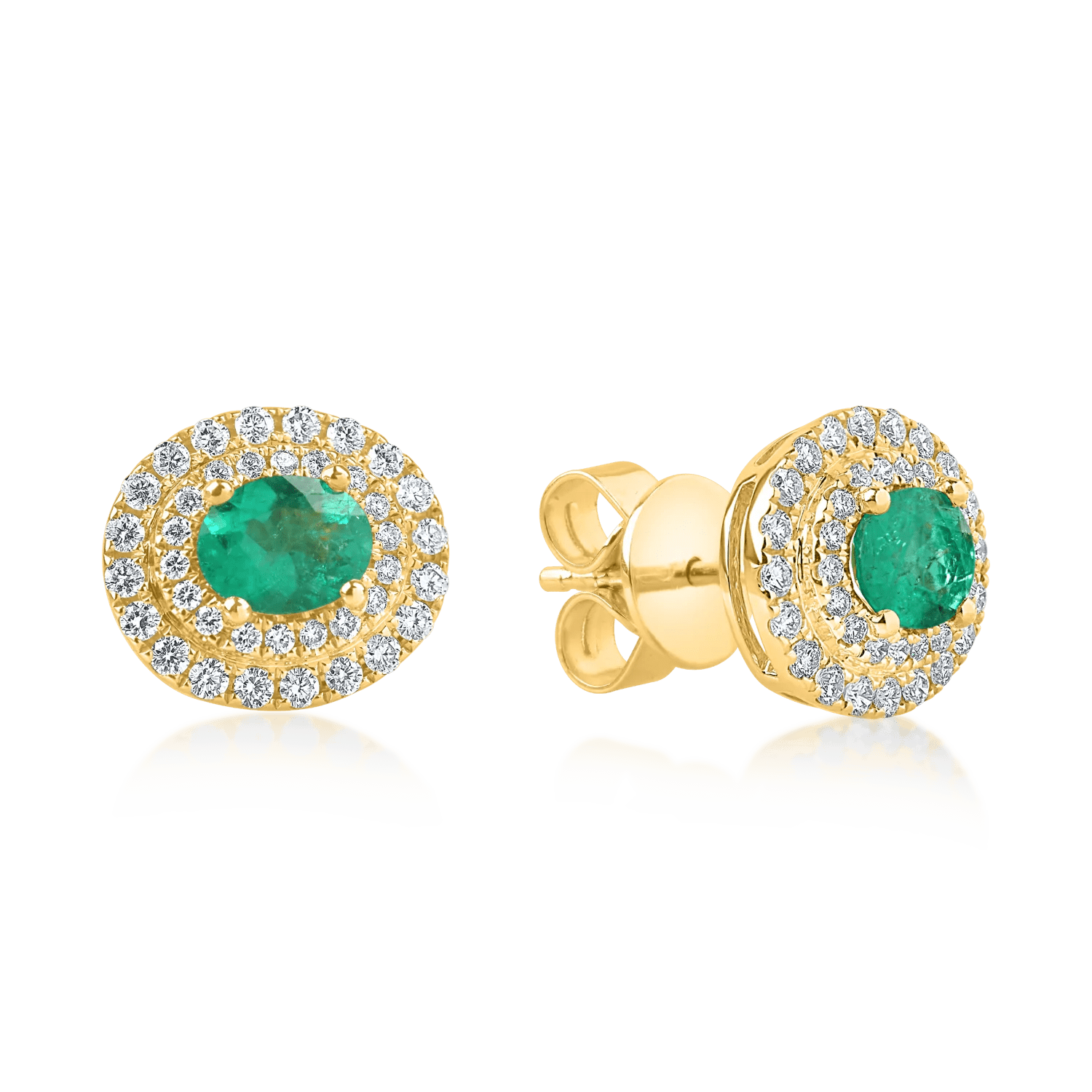 Cercei clasici din aur galben cu smaralde ovale și diamante de 1.1ct Cercei clasici din aur galben cu smaralde ovale și diamante de 1.1ct