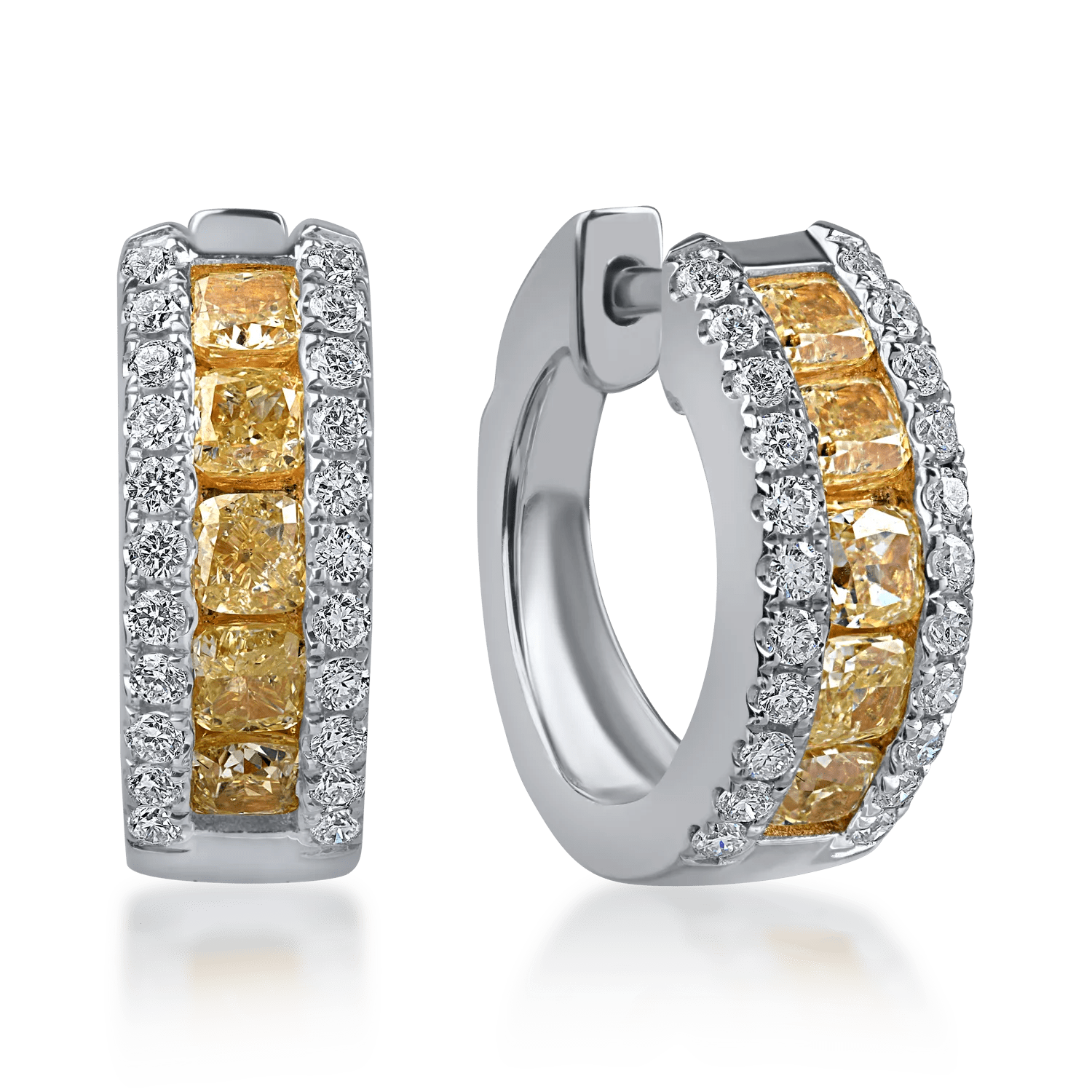 Cercei din aur alb-galben cu diamante galbene baguette și incolore rotunde de 1.6ct Cercei din aur alb-galben cu diamante galbene baguette și incolore rotunde de 1.6ct
