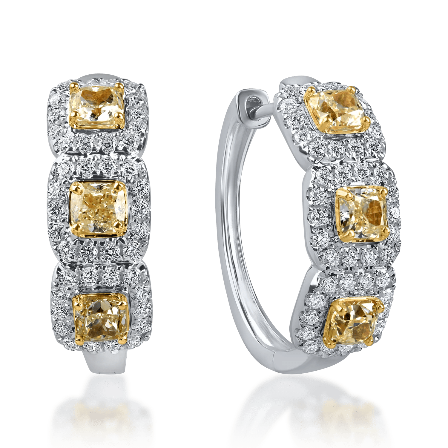 Cercei geometrici din aur alb-galben cu diamante galbene și incolore de 2.2ct Cercei geometrici din aur alb-galben cu diamante galbene și incolore de 2.2ct