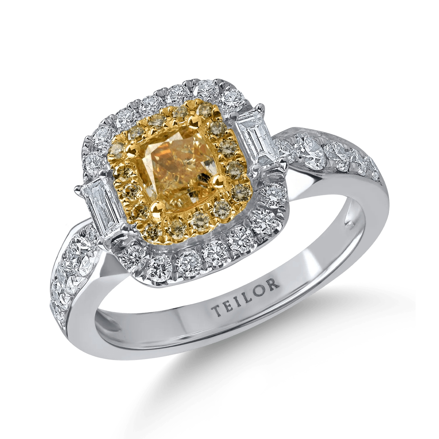 Inel din aur alb-galben cu diamante de 1.5ct, galbene și incolore Inel din aur alb-galben cu diamante de 1.5ct, galbene și incolore