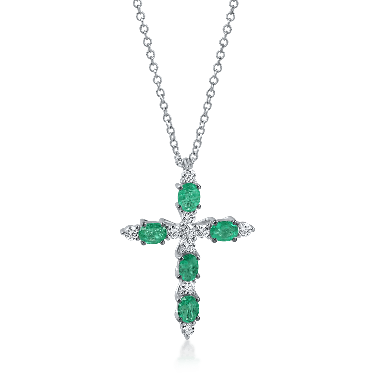 Lănțișor cu pandantiv cruciuliță din aur alb cu smaralde de 0.8ct și diamante de 0.2ct Lănțișor cu pandantiv cruciuliță din aur alb cu smaralde de 0.8ct și diamante de 0.2ct
