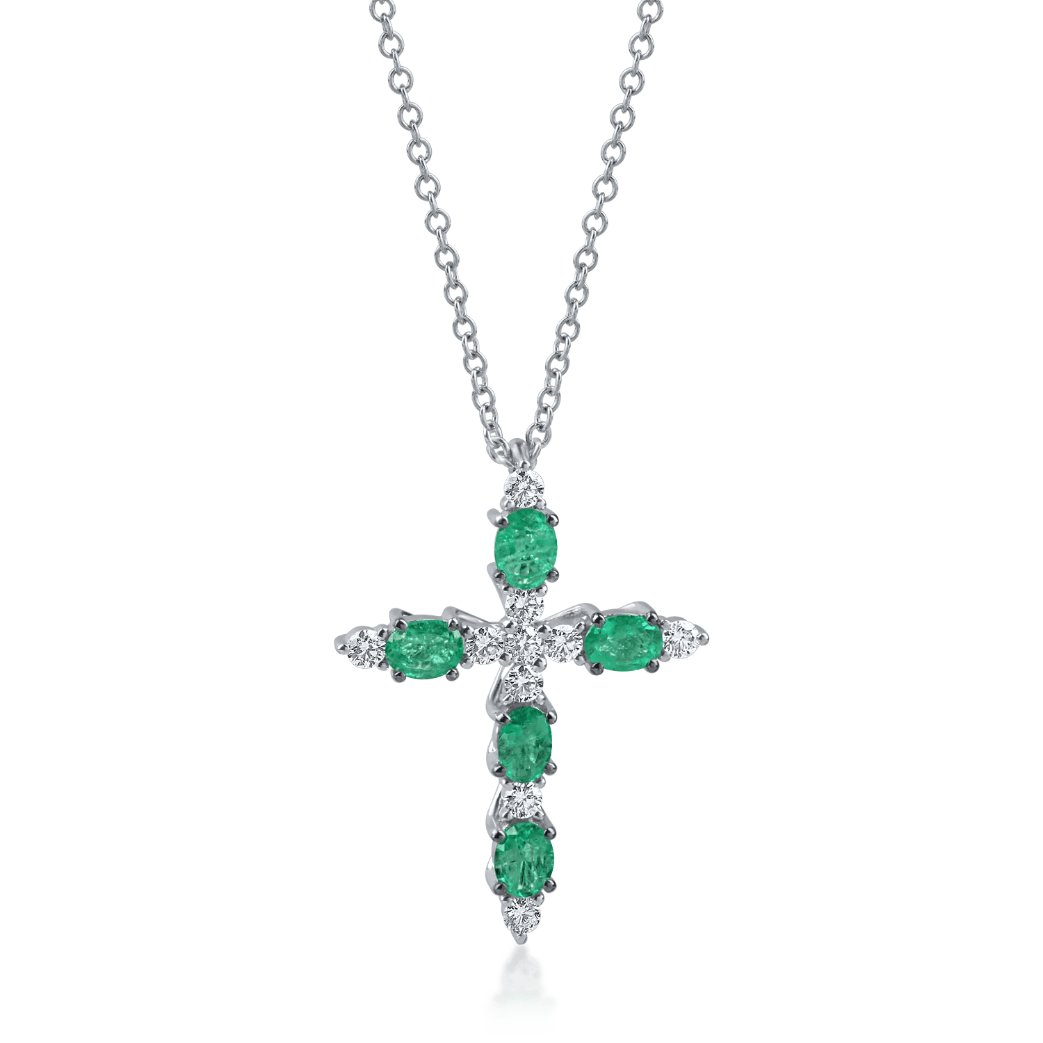 Lant cu pandantiv cruciulita din aur alb, cu smaralde ovale de 0.8ct si diamante de 0.2ct – Teilor Lant cu pandantiv cruciulita din aur alb, cu smaralde ovale de 0.8ct si diamante de 0.2ct – Teilor