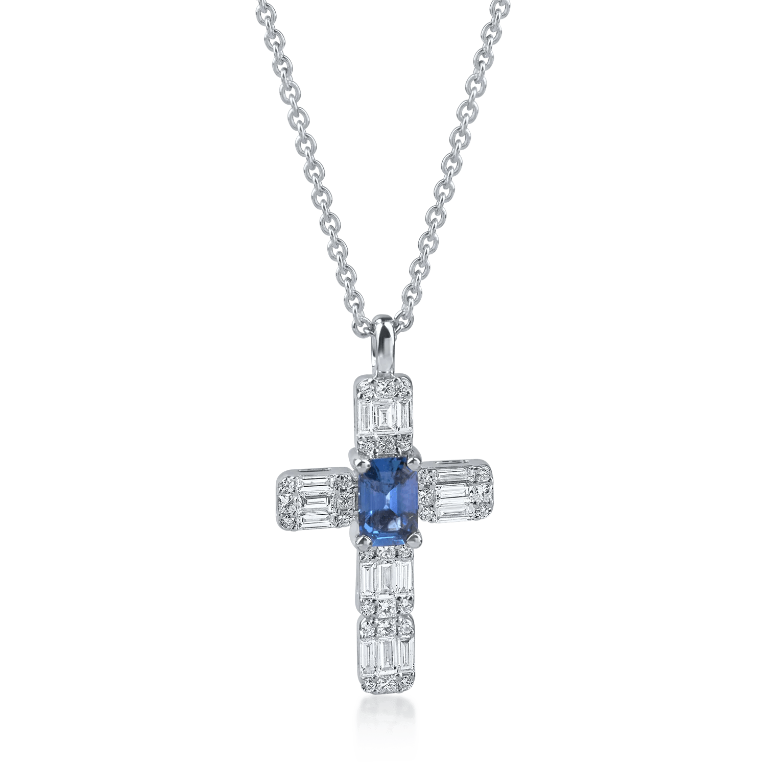 Lanț cu pandantiv crucea din aur alb cu safire de 0.6ct și diamante de 0.3ct Lanț cu pandantiv crucea din aur alb cu safire de 0.6ct și diamante de 0.3ct