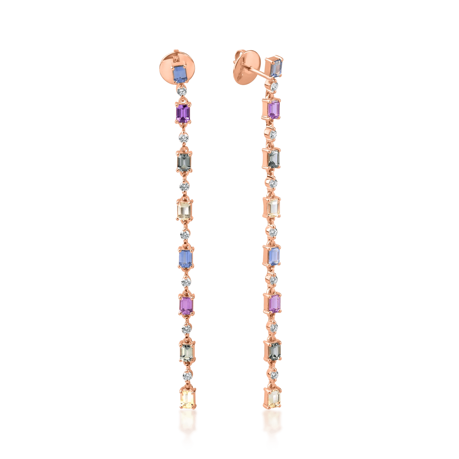 Cercei lungi din aur roz cu safire multicolore de 4.2ct și diamante de 0.5ct Cercei lungi din aur roz cu safire multicolore de 4.2ct și diamante de 0.5ct