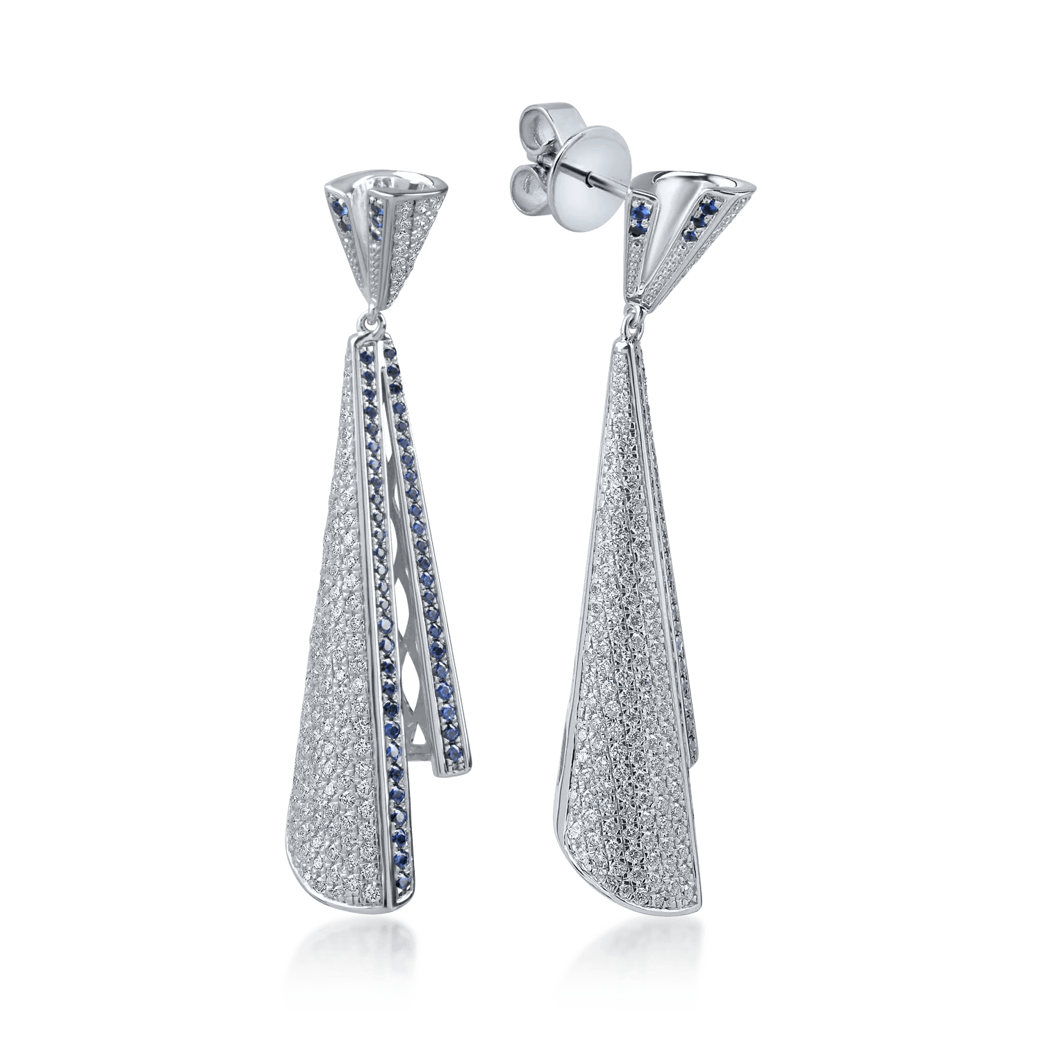 Cercei lungi din aur alb cu diamante de 1.7ct și safire de 0.7ct – Teilor Cercei lungi din aur alb cu diamante de 1.7ct și safire de 0.7ct – Teilor