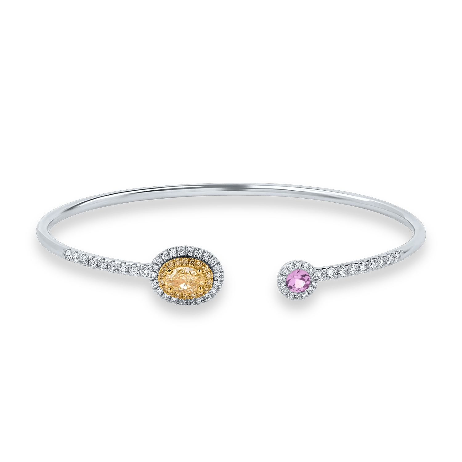 Brățară fixă deschisă din aur alb cu diamante fancy galbene pear și safir roz de 1.2ct – Teilor Brățară fixă deschisă din aur alb cu diamante fancy galbene pear și safir roz de 1.2ct – Teilor